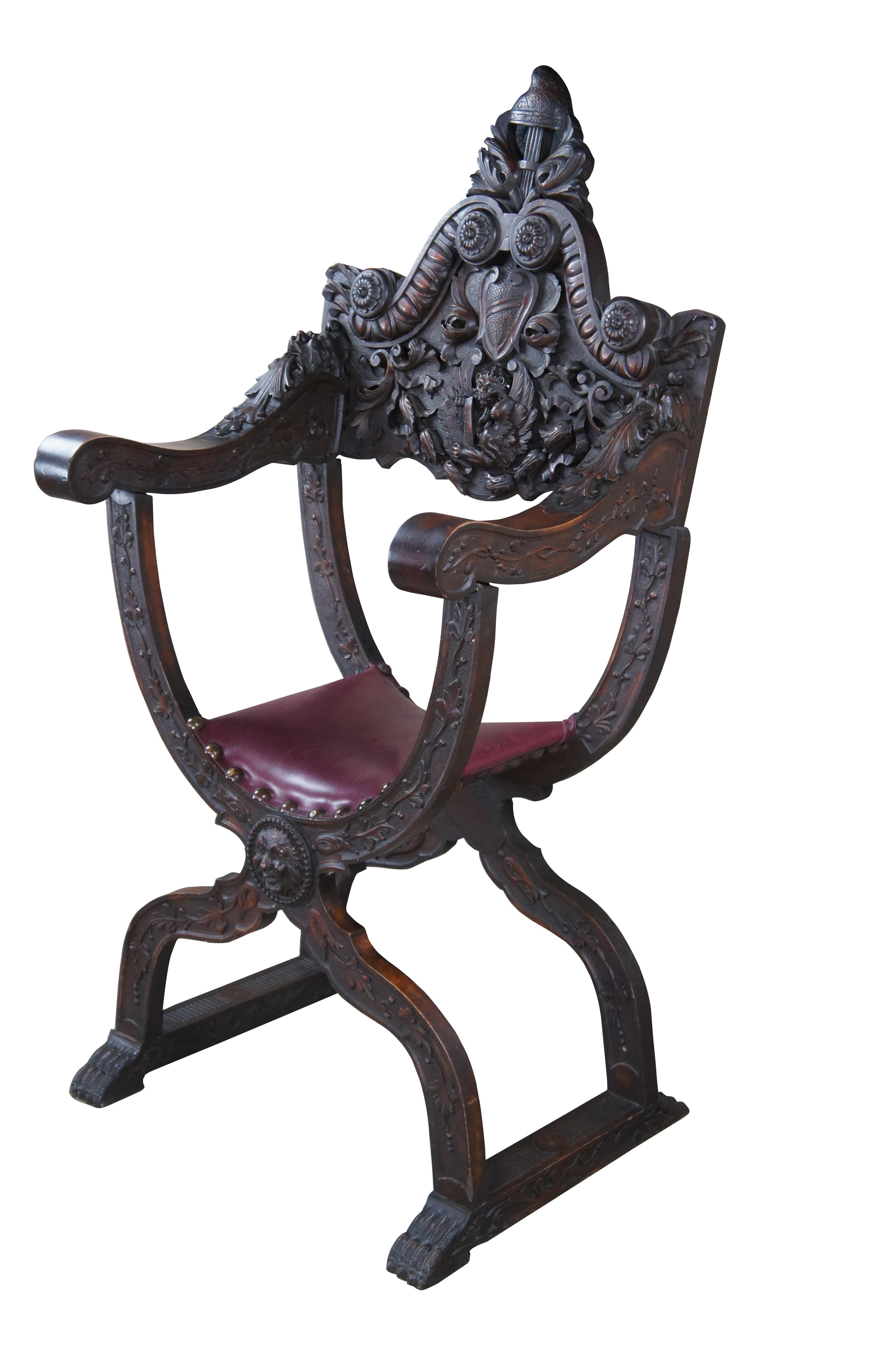 Antique Italian Renaissance Revival Walnut Curule Savonarola Lion Throne Chair In Good Condition For Sale In Dayton, OH