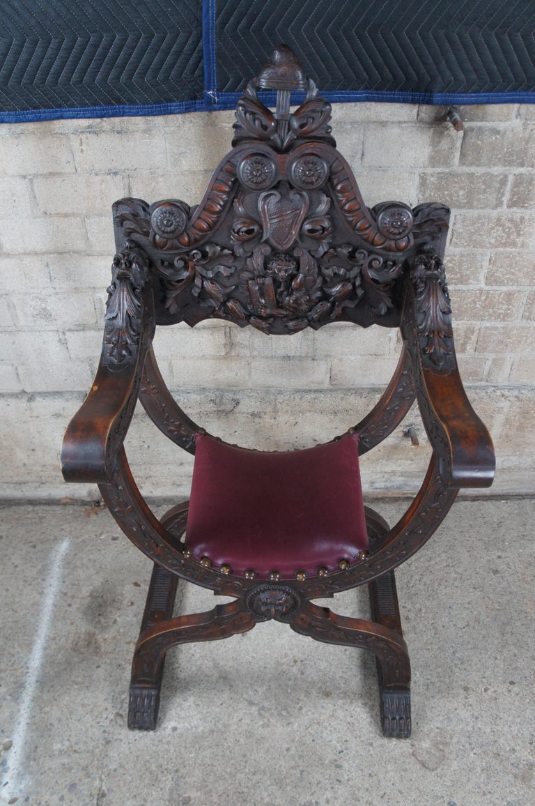 Antique Italian Renaissance Revival Walnut Curule Savonarola Lion Throne  Chair