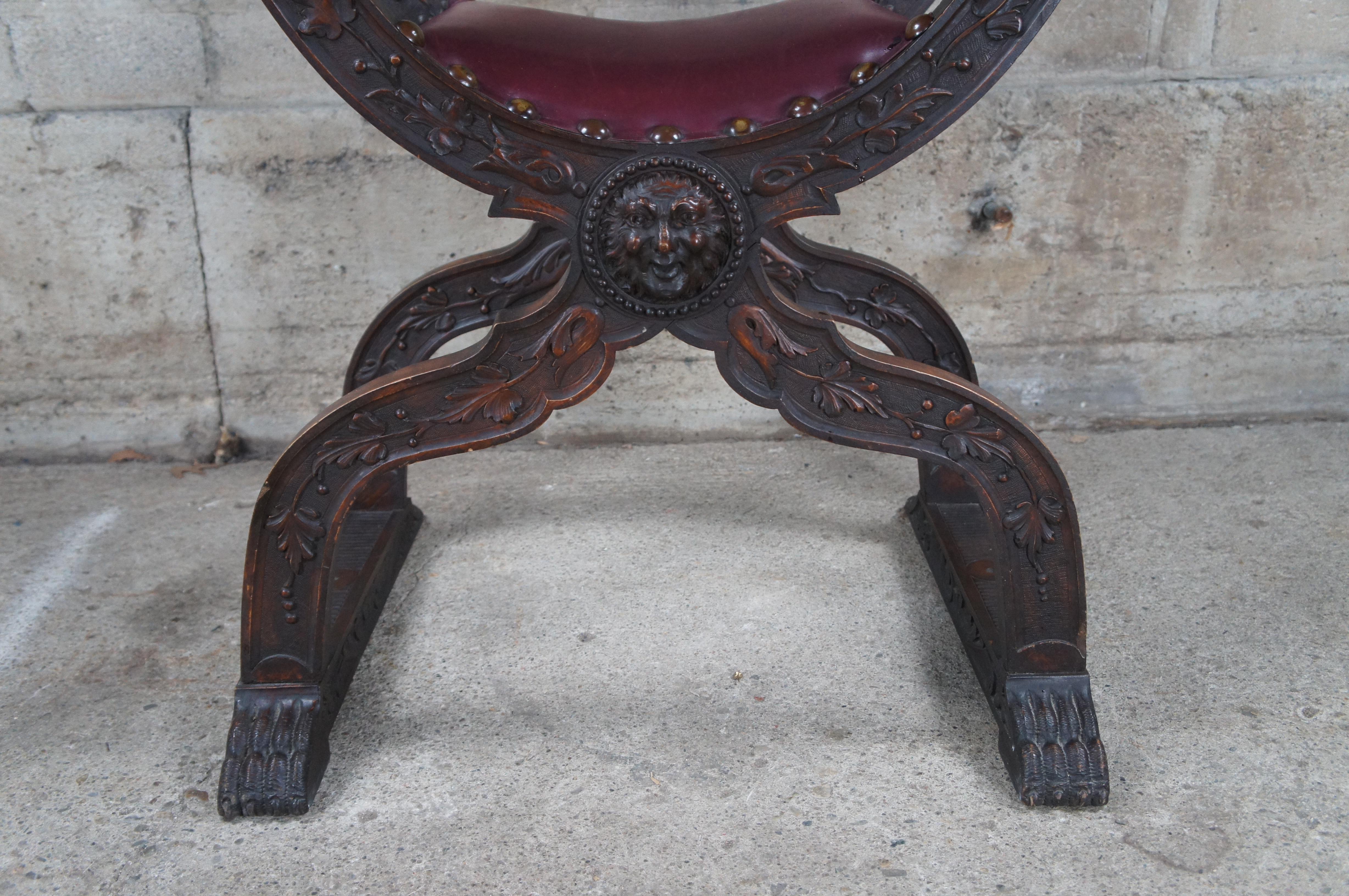 Leather Antique Italian Renaissance Revival Walnut Curule Savonarola Lion Throne Chair For Sale