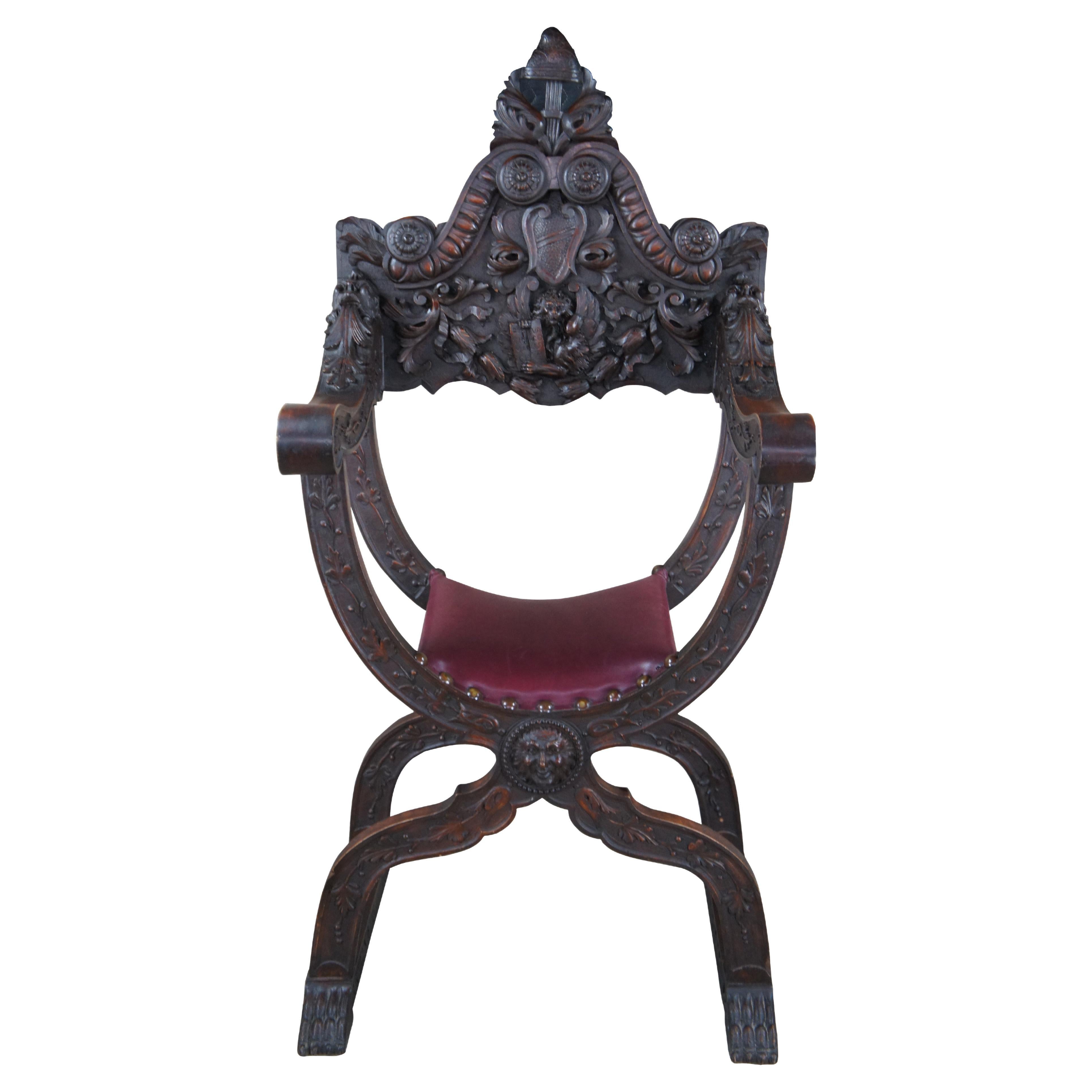 Antique Italian Renaissance Revival Walnut Curule Savonarola Lion Throne Chair