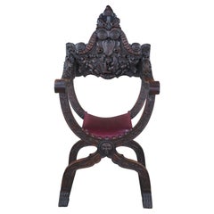 Antique Italian Renaissance Revival Walnut Curule Savonarola Lion Throne Chair