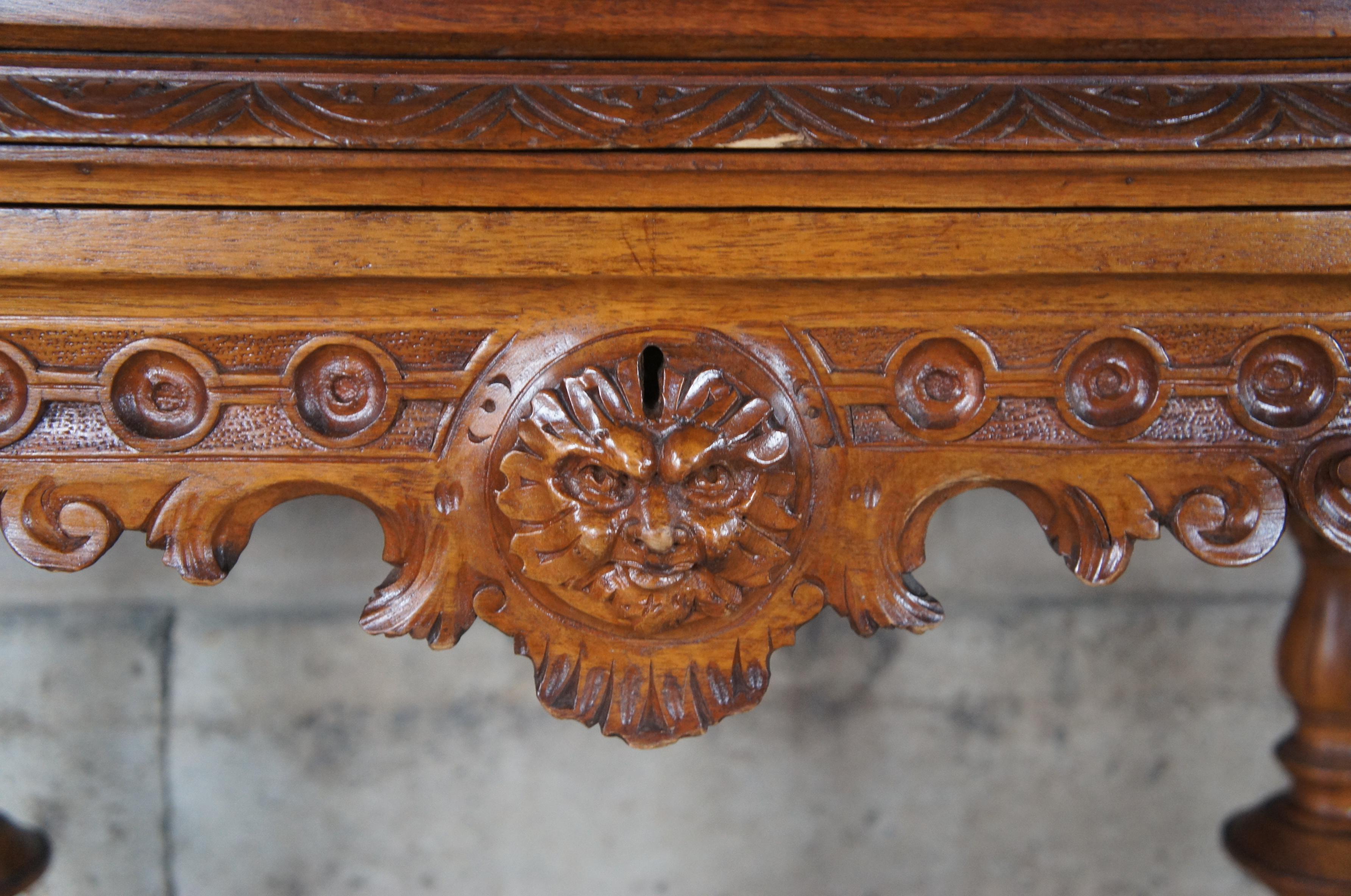 Antique Italian Renaissance Revival Walnut Figural Carved Writing Desk 52