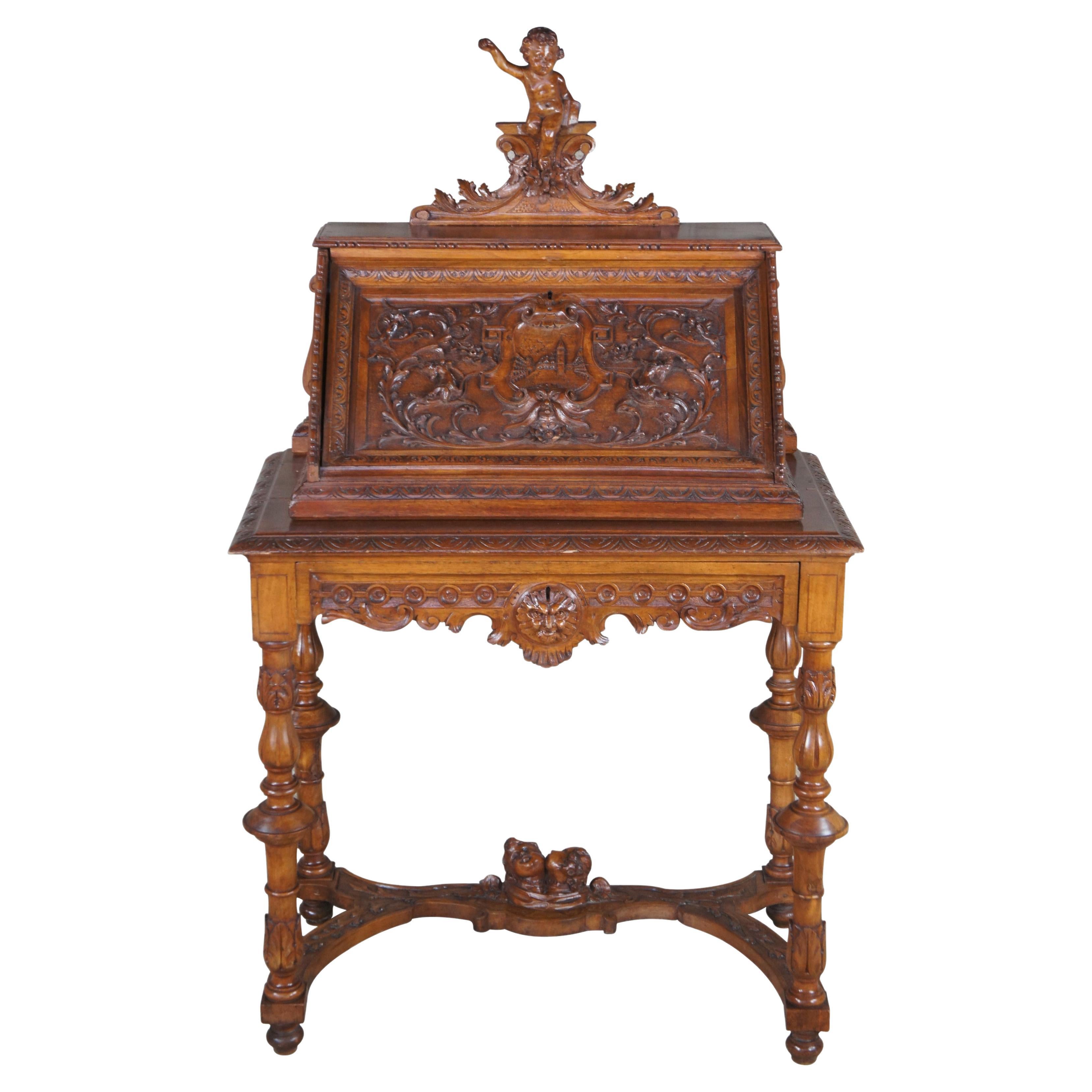 Antique Italian Renaissance Revival Walnut Figural Carved Writing Desk 52" For Sale