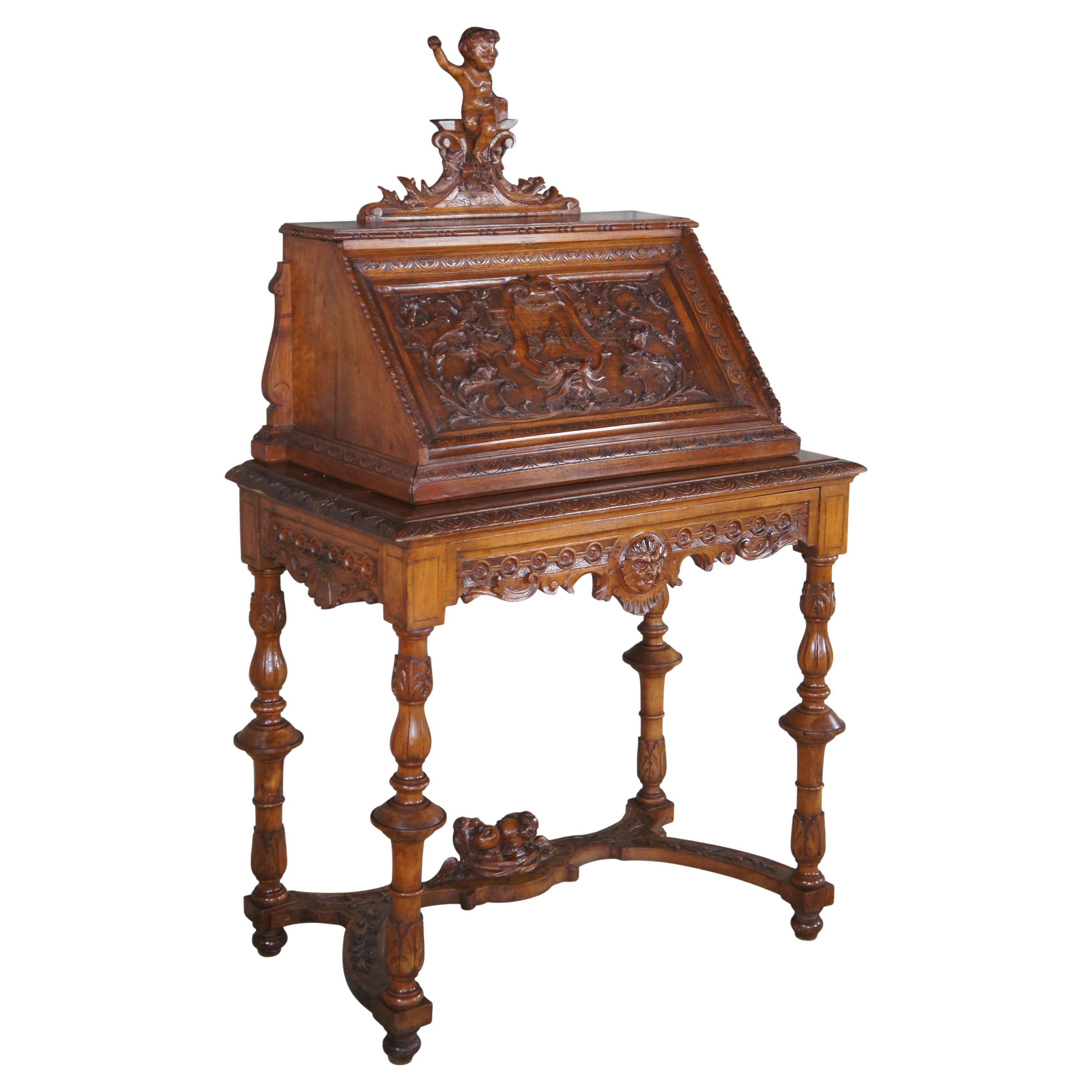 Antique Antique Revive Italienne Noyer Figural Sculpté Bureau 52"