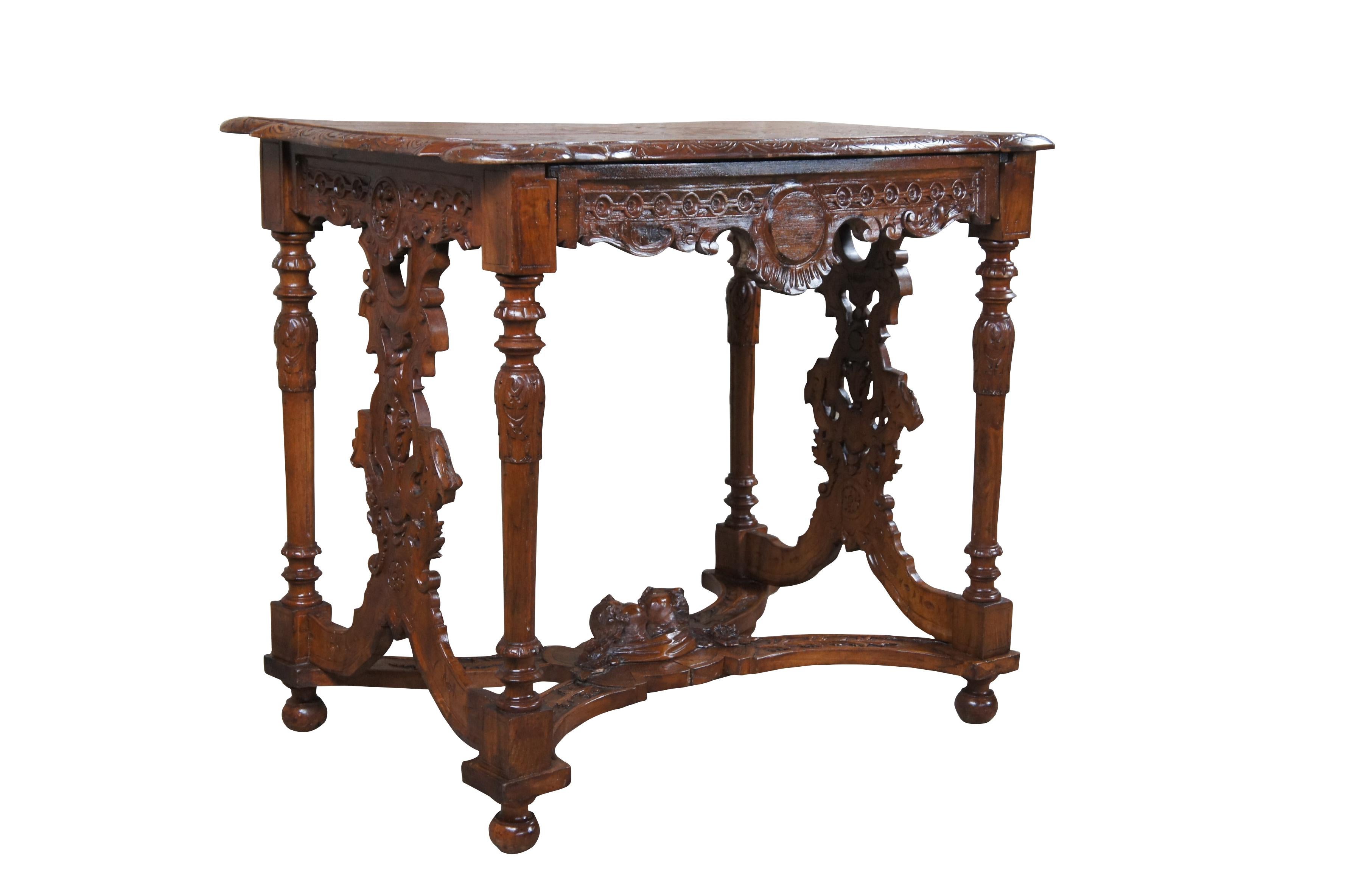 Antique Italian Renaissance Revival Walnut Figural Library Table Writing Desk 52 In Good Condition For Sale In Dayton, OH