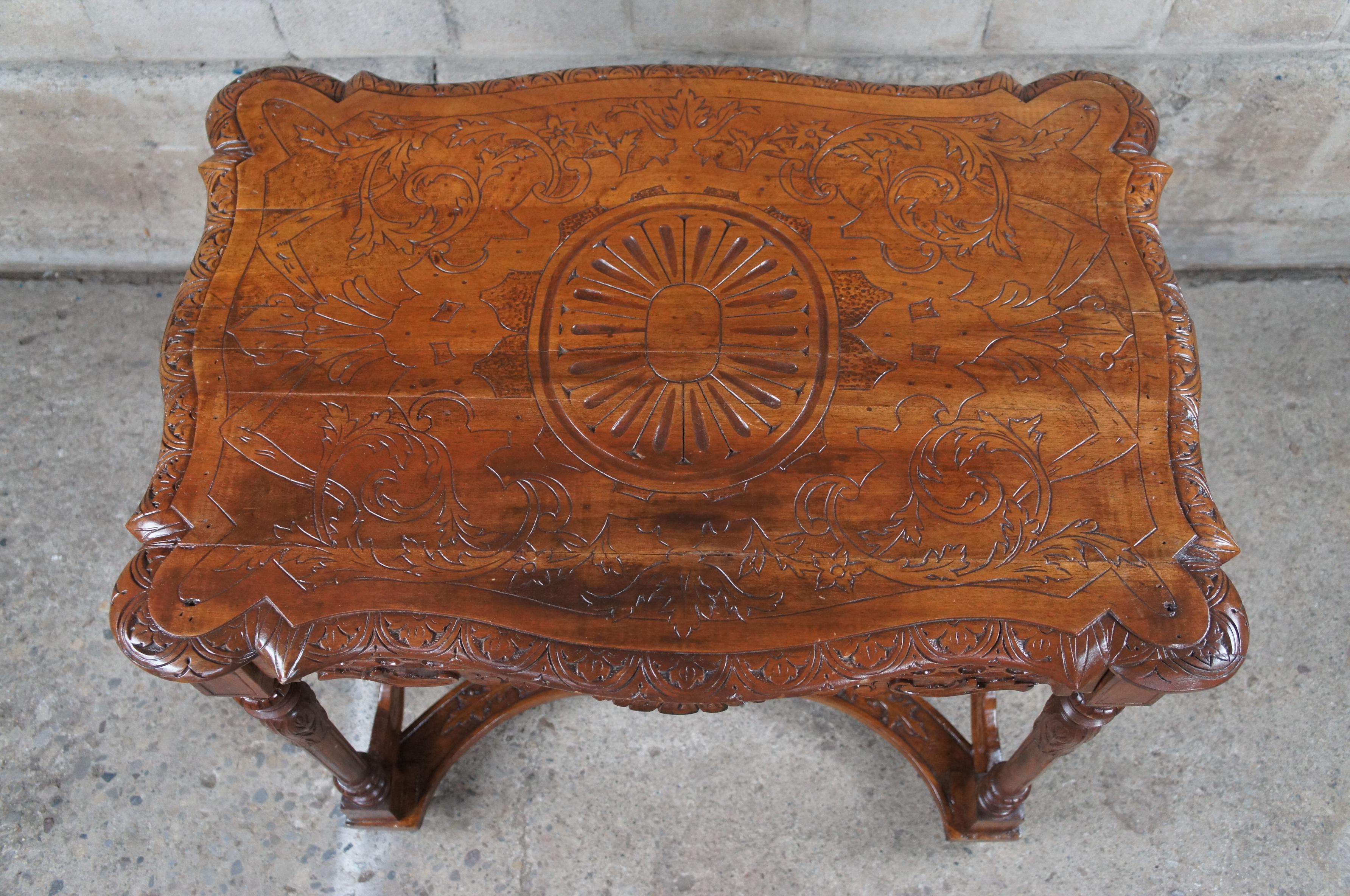 Antique Italian Renaissance Revival Walnut Figural Library Table Writing Desk 52 In condizioni buone in vendita a Dayton, OH