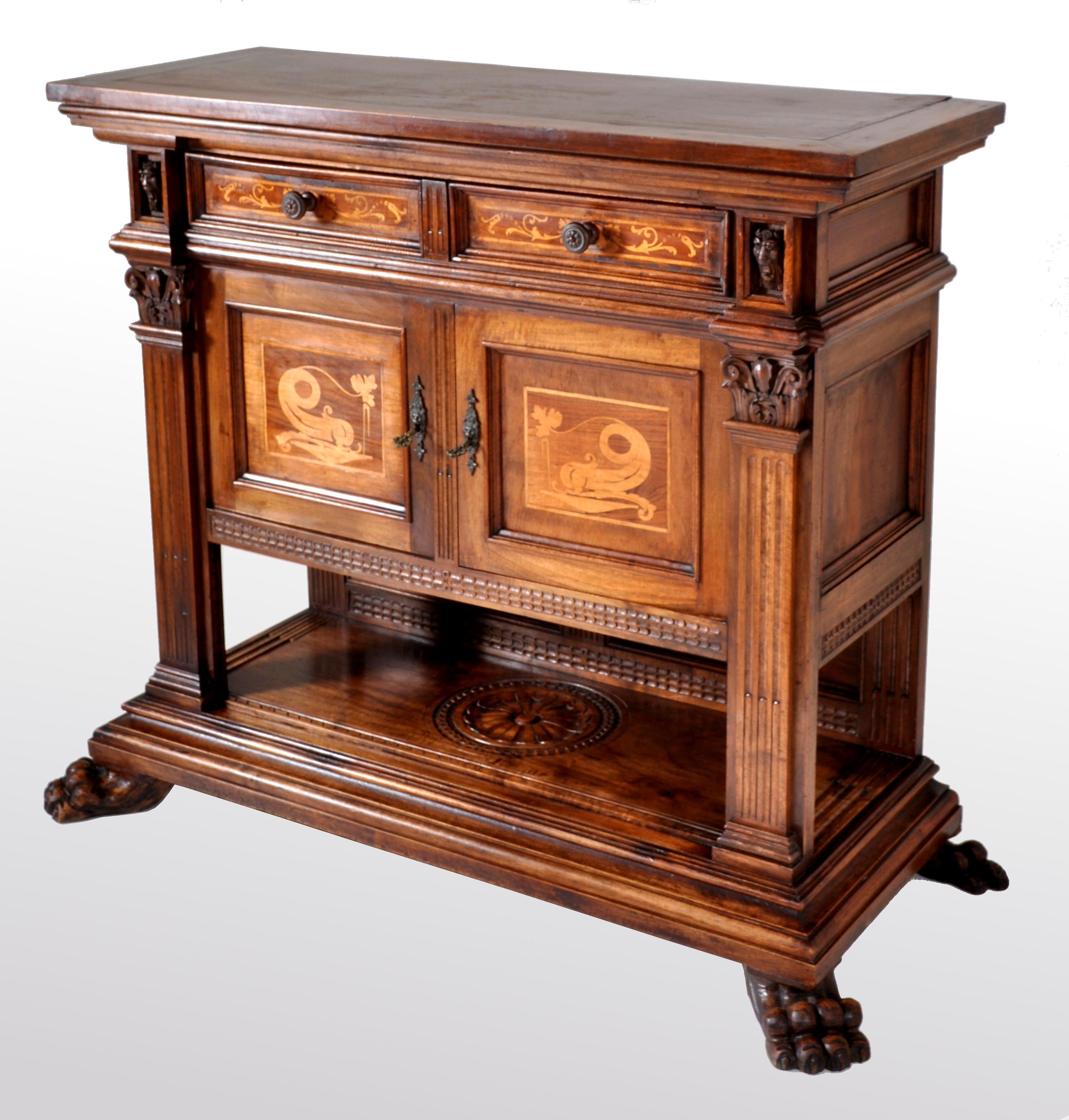 Hand-Carved Antique Italian Renaissance Revival Walnut Marquetry Sideboard/Server circa 1880