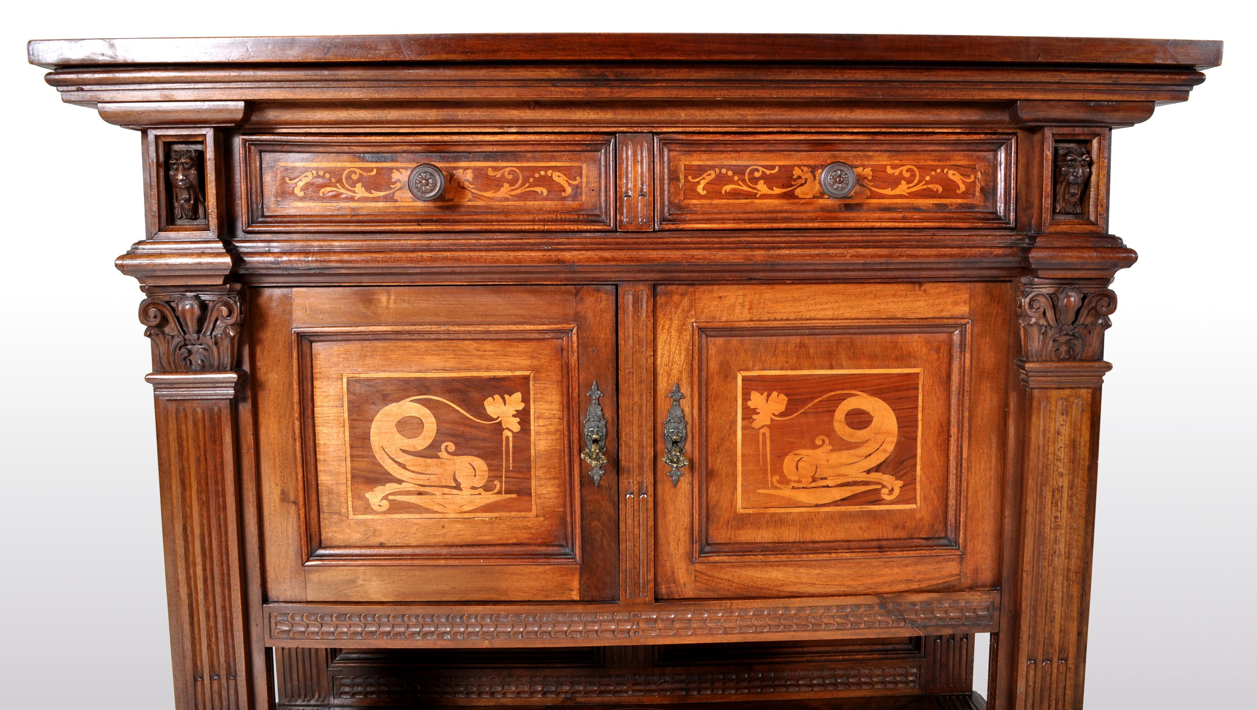 Fruitwood Antique Italian Renaissance Revival Walnut Marquetry Sideboard/Server circa 1880