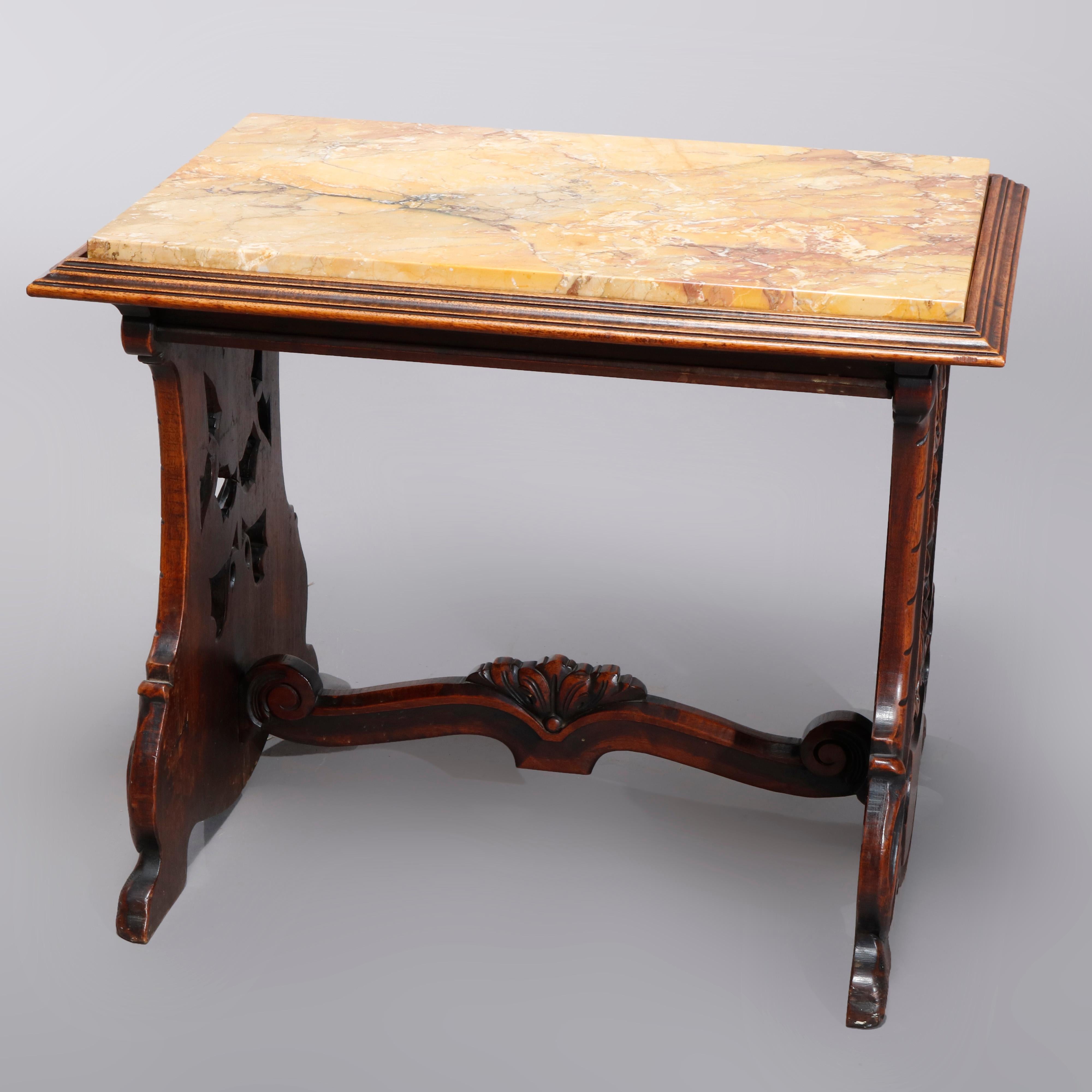 Italian Renaissance Revival Wind God Figural Walnut Marble Table, circa 1900 In Good Condition In Big Flats, NY