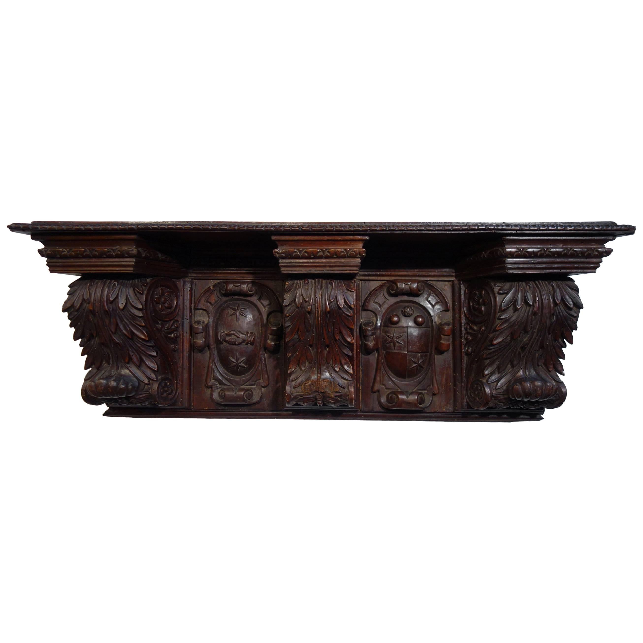 Antique Italian Renaissance Style Architectural Hand Carved Shelf Circa 1840