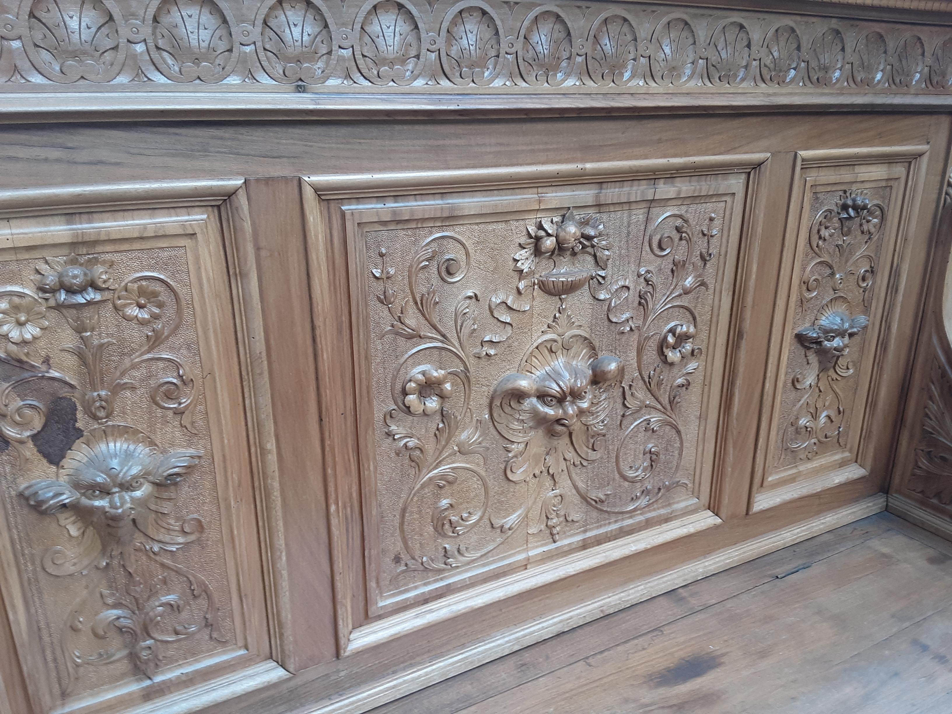 Hand-Carved Antique Italian Renaissance Style Bench in Heavy Carved Walnut, Ca 1860 For Sale