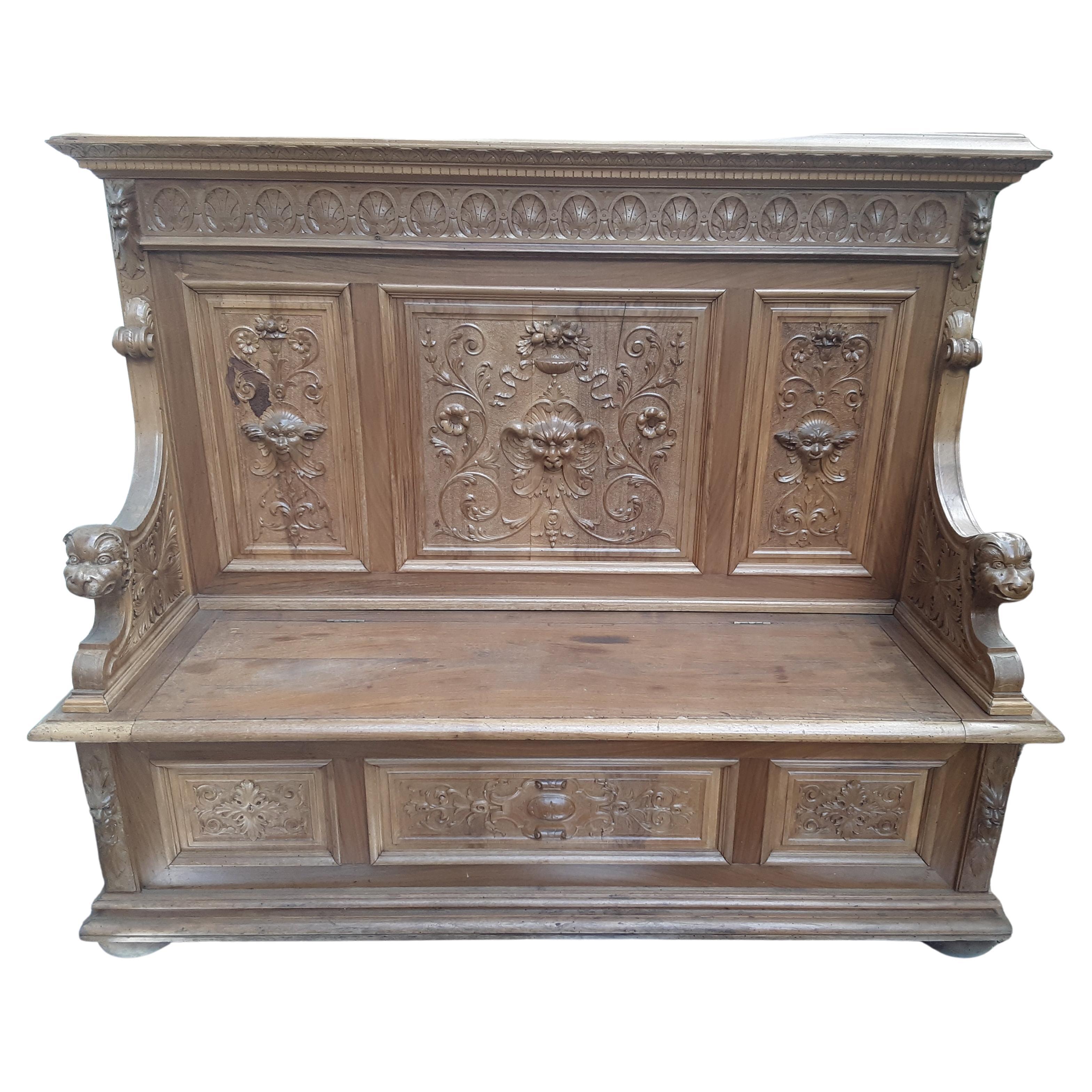 Antique Italian Renaissance Style Bench in Heavy Carved Walnut, Ca 1860 For Sale