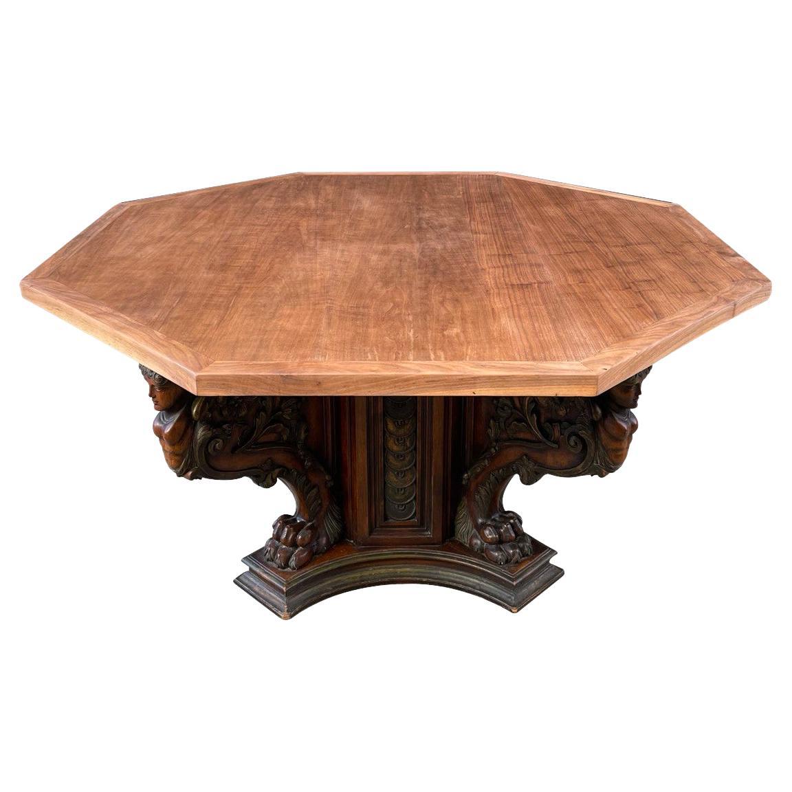 Antique Italian Renaissance Style Carved Walnut Dining Table For Sale