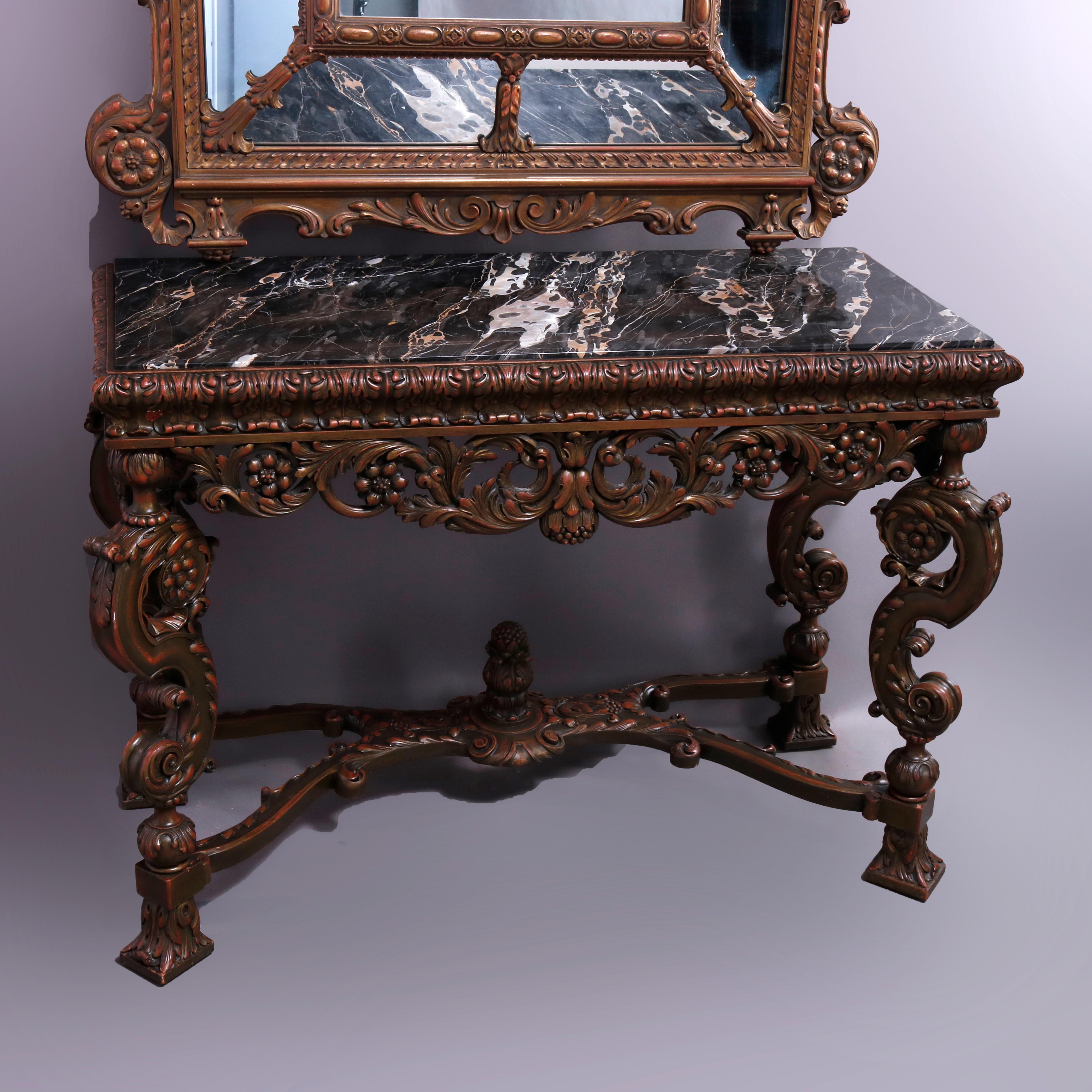 Antique Italian Renaissance Style Deeply Carved Walnut Console & Mirror, c1890 6