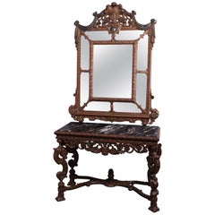 Antique Italian Renaissance Style Deeply Carved Walnut Console & Mirror, c1890