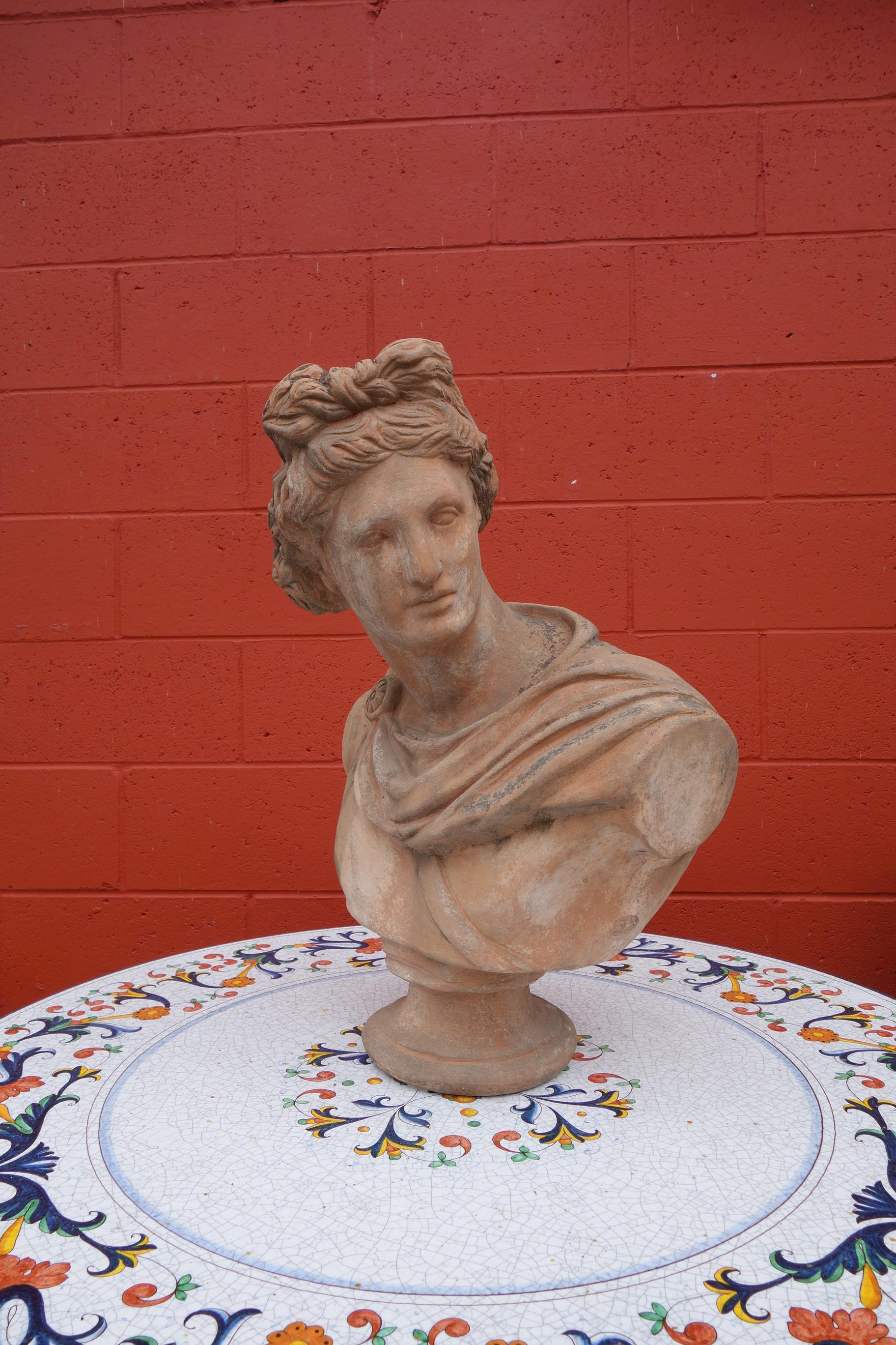 Hand-Crafted 19th Century Italian Renaissance Style Old Impruneta Terracotta Bust of Apollo