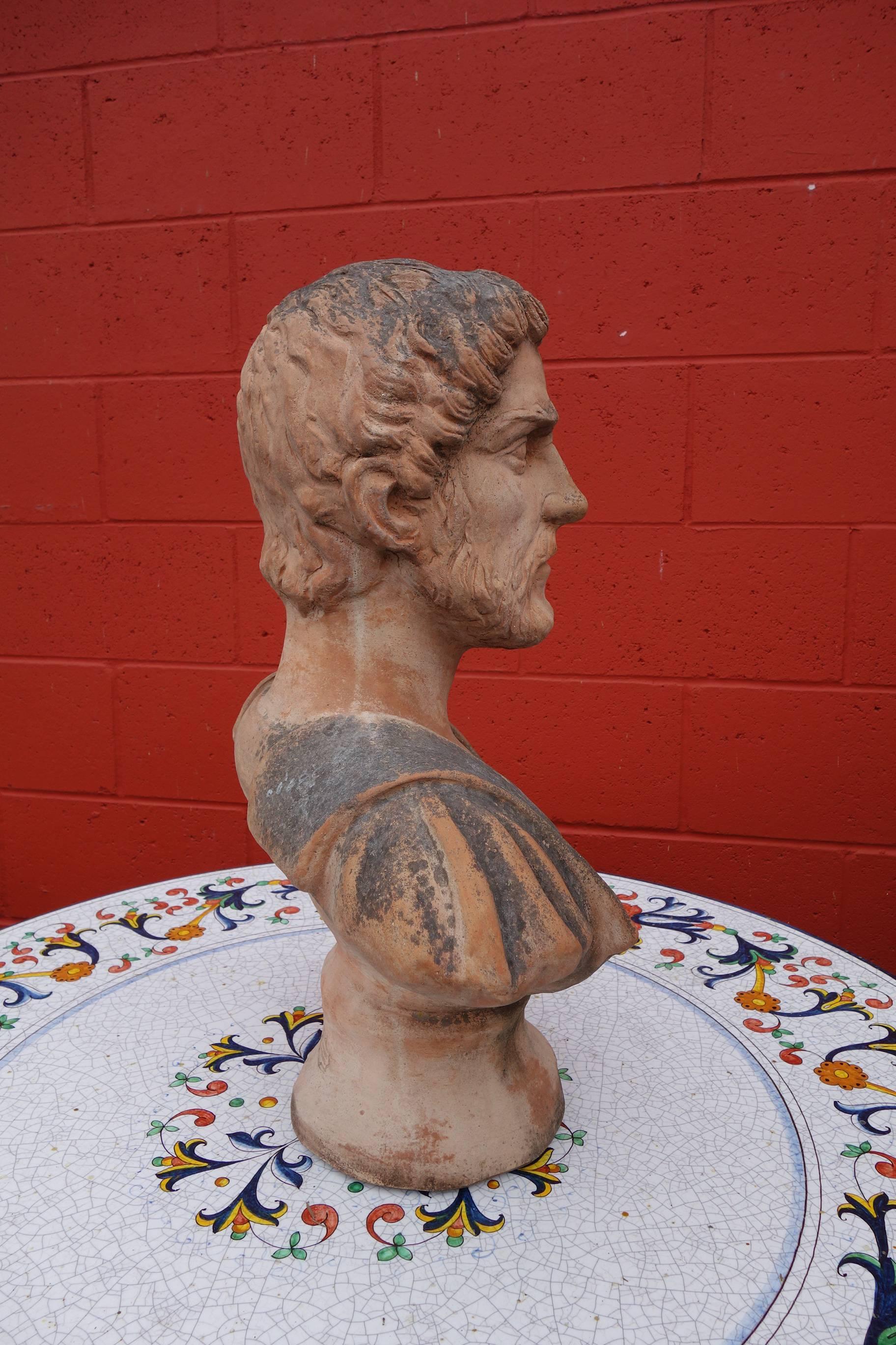 Hand-Crafted Antique Italian Renaissance Style Old Impruneta Terracotta Emperor Caesar Bust