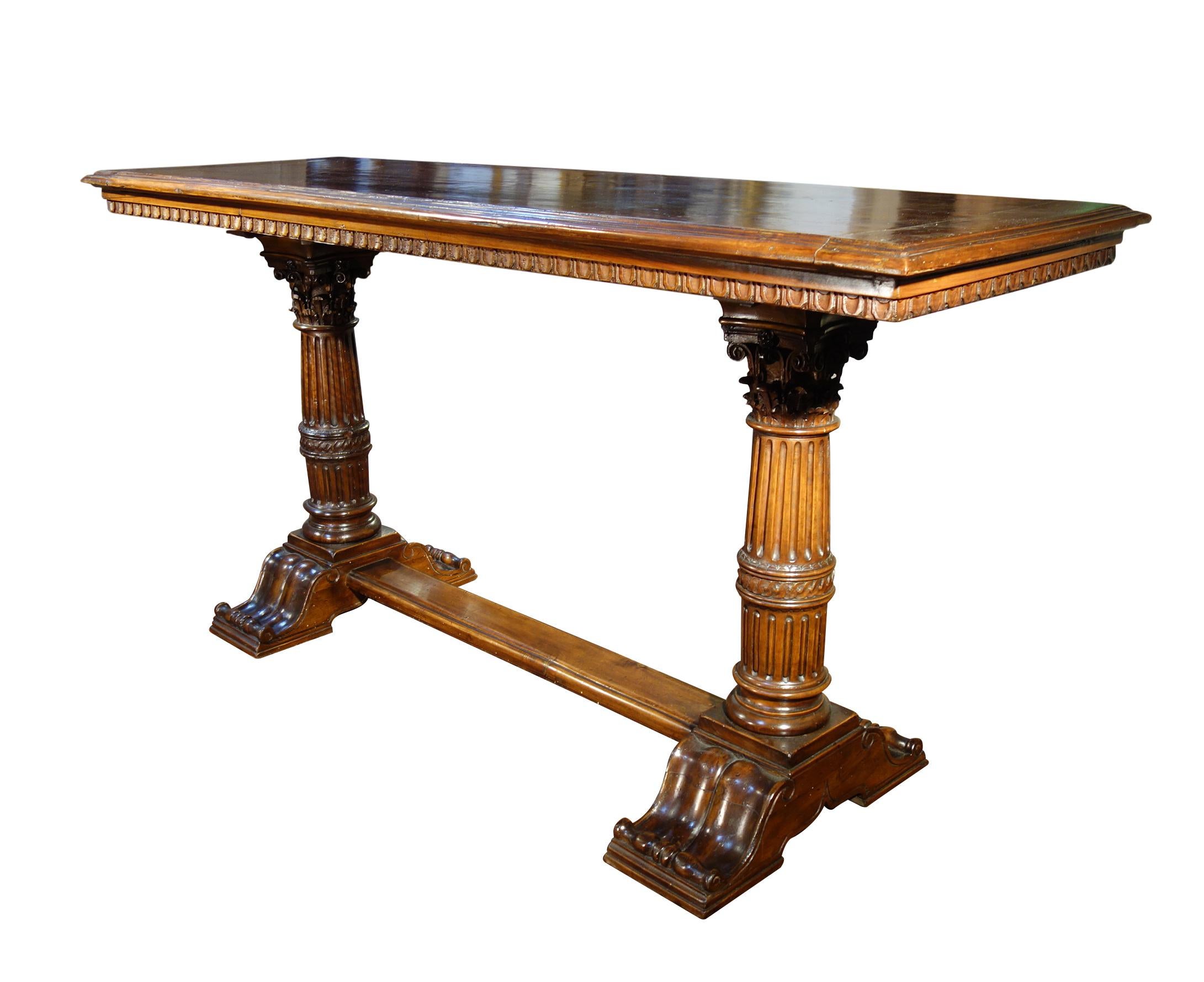 19th Century Antique Italian Renaissance Style Solid Carved Walnut Console, Florence 1820