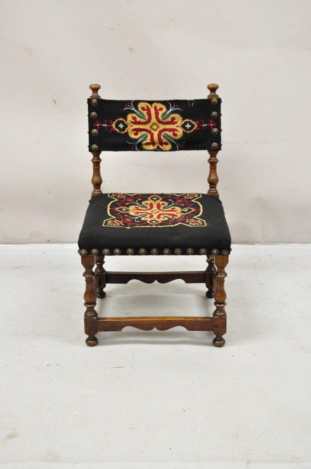 Antique Italian Renaissance Turn Carved Walnut Tapestry Small Childs Side Chair For Sale 7
