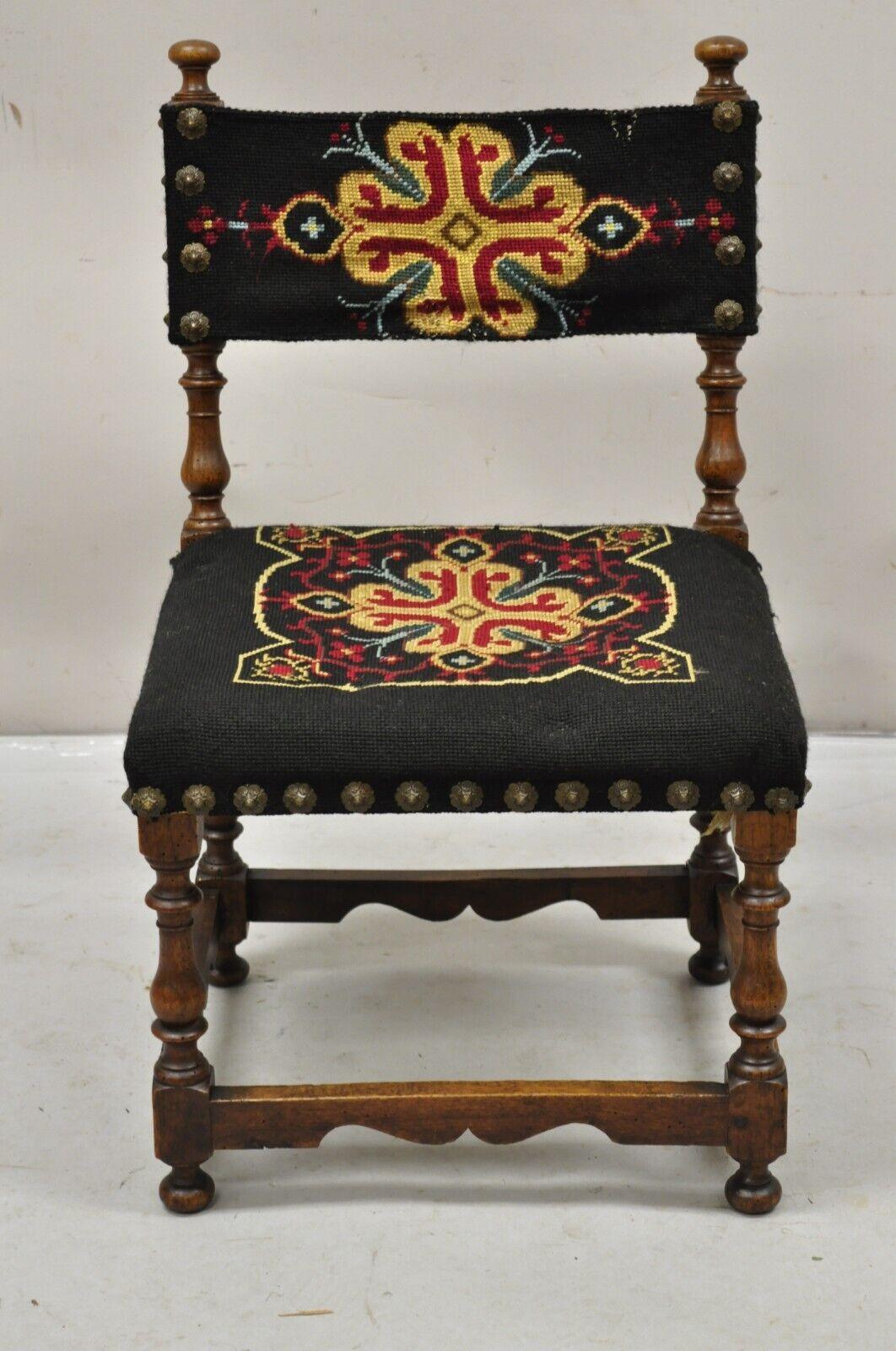 Antique Italian Renaissance Turn Carved Walnut Tapestry Small Childs Side Chair In Good Condition For Sale In Philadelphia, PA
