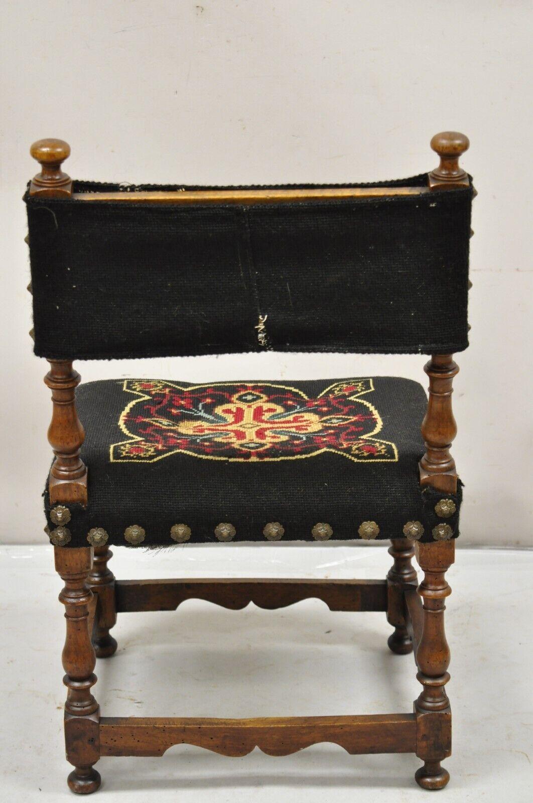 Antique Italian Renaissance Turn Carved Walnut Tapestry Small Childs Side Chair For Sale 4
