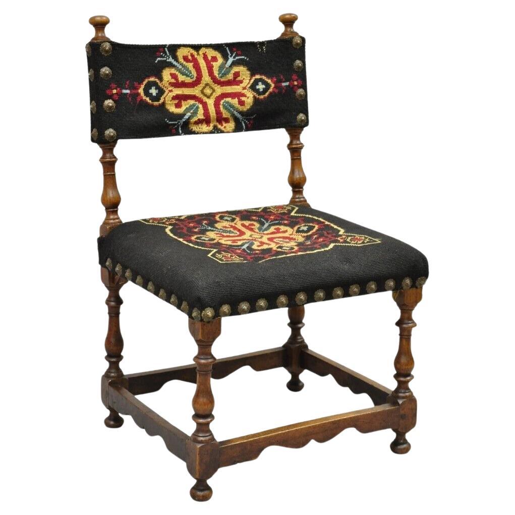 Antique Italian Renaissance Turn Carved Walnut Tapestry Small Childs Side Chair