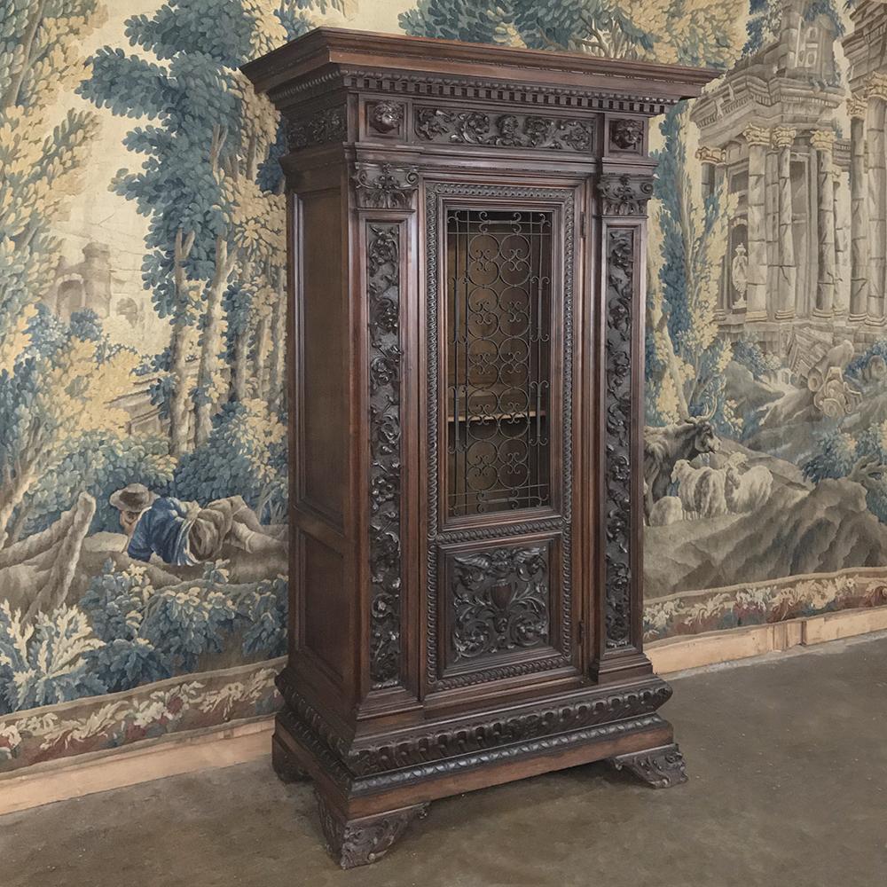 Hand-Carved Antique Italian Renaissance Walnut Curio Cabinet