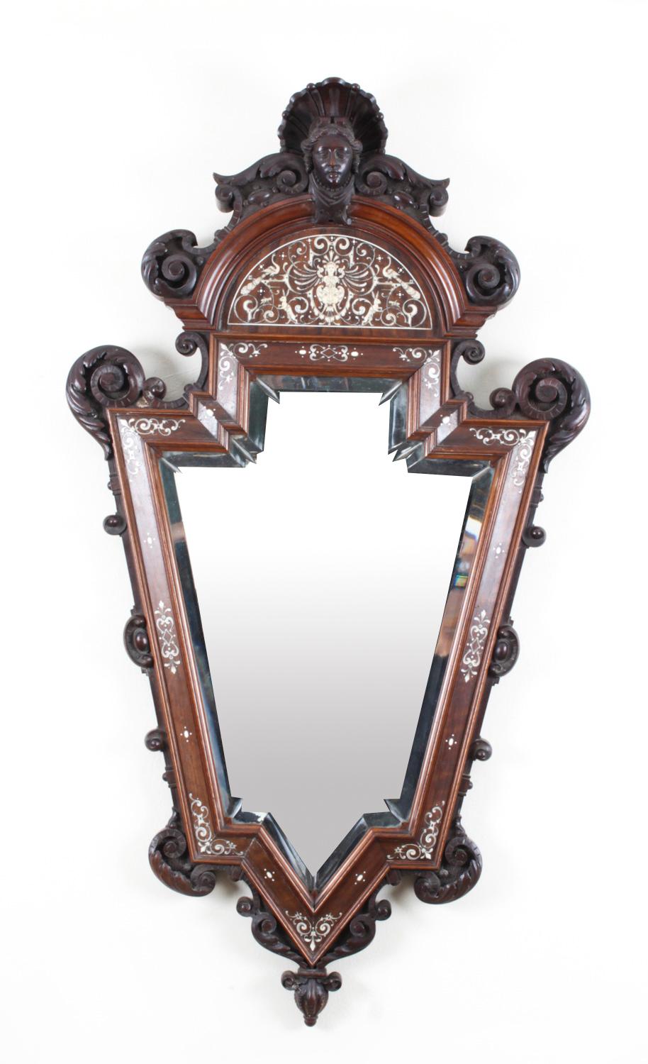 Antique Italian Renaissance Walnut & Inlaid Mirror, 19th Century For Sale 7