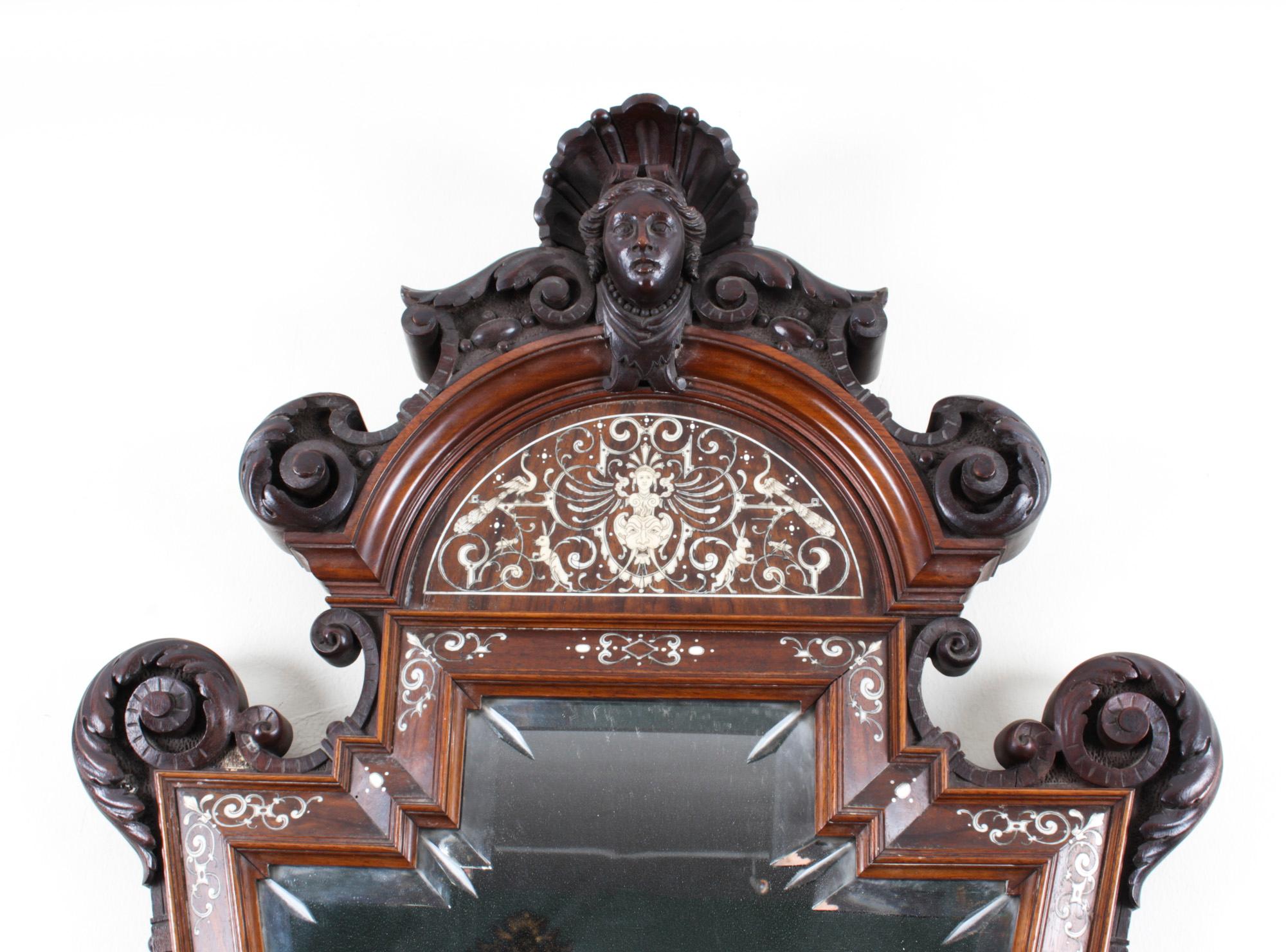 Antique Italian Renaissance Walnut & Inlaid Mirror, 19th Century For Sale 3