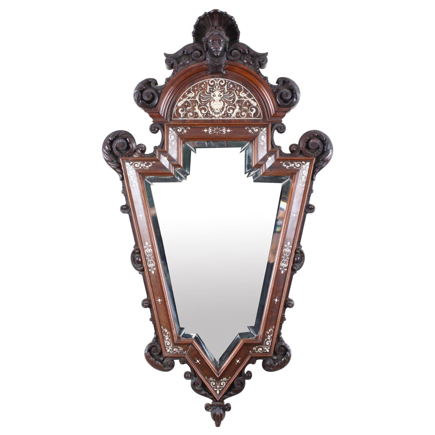 Antique Italian Renaissance Walnut & Inlaid Mirror, 19th Century For Sale