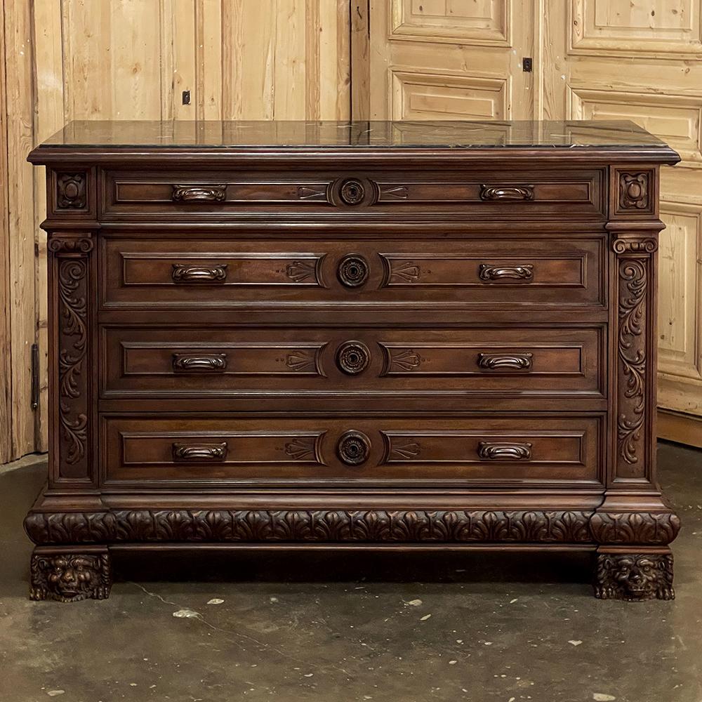 Antique Italian Renaissance walnut marble top commode brings the splendor of the Renaissance Revival together with sumptuous walnut and elegant Italian black marble with gold veining to create a stunning combination! Somewhat larger in size than