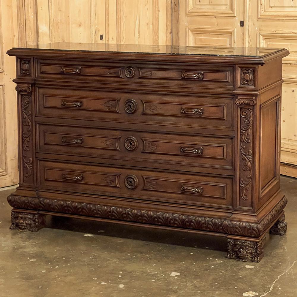 Hand-Crafted Antique Italian Renaissance Walnut Marble Top Commode For Sale