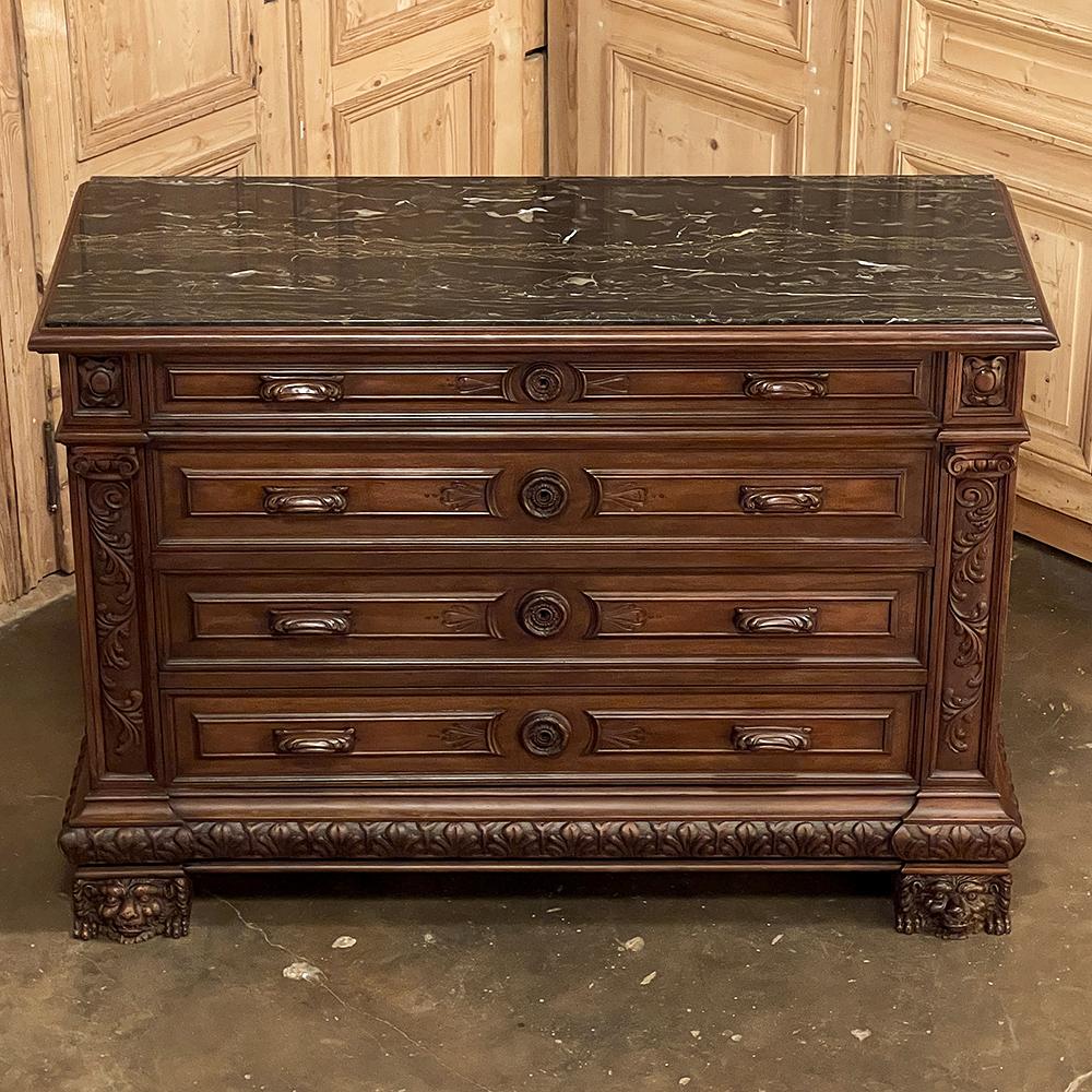 Antique Italian Renaissance Walnut Marble Top Commode In Good Condition For Sale In Dallas, TX