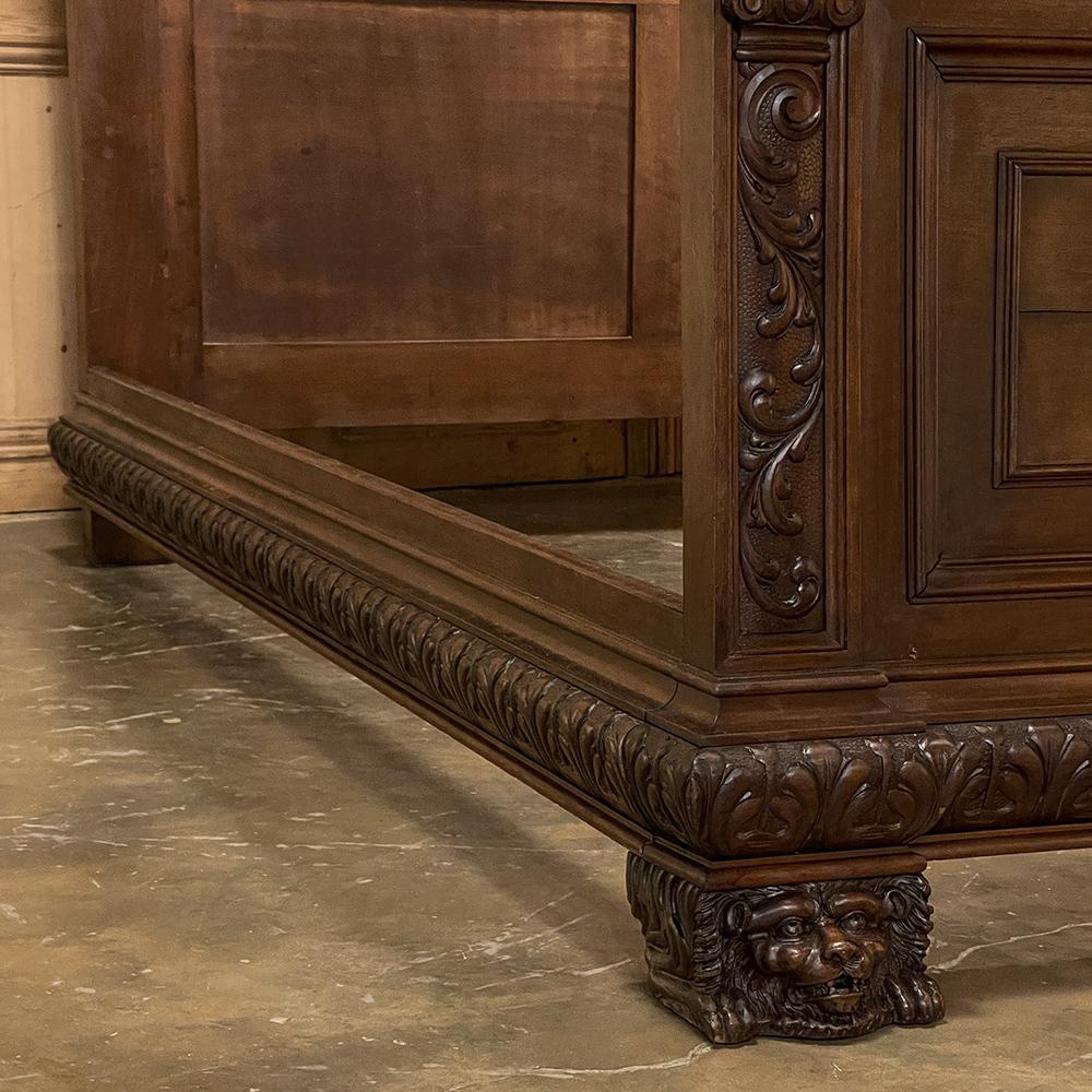 Antique Italian Renaissance walnut queen bed is a masterpiece of the wood sculptor's art! Combining bold molding with exquisitely rendered artistry on a neoclassical framework, it will provide a visual centerpiece for any bedroom! The first thing