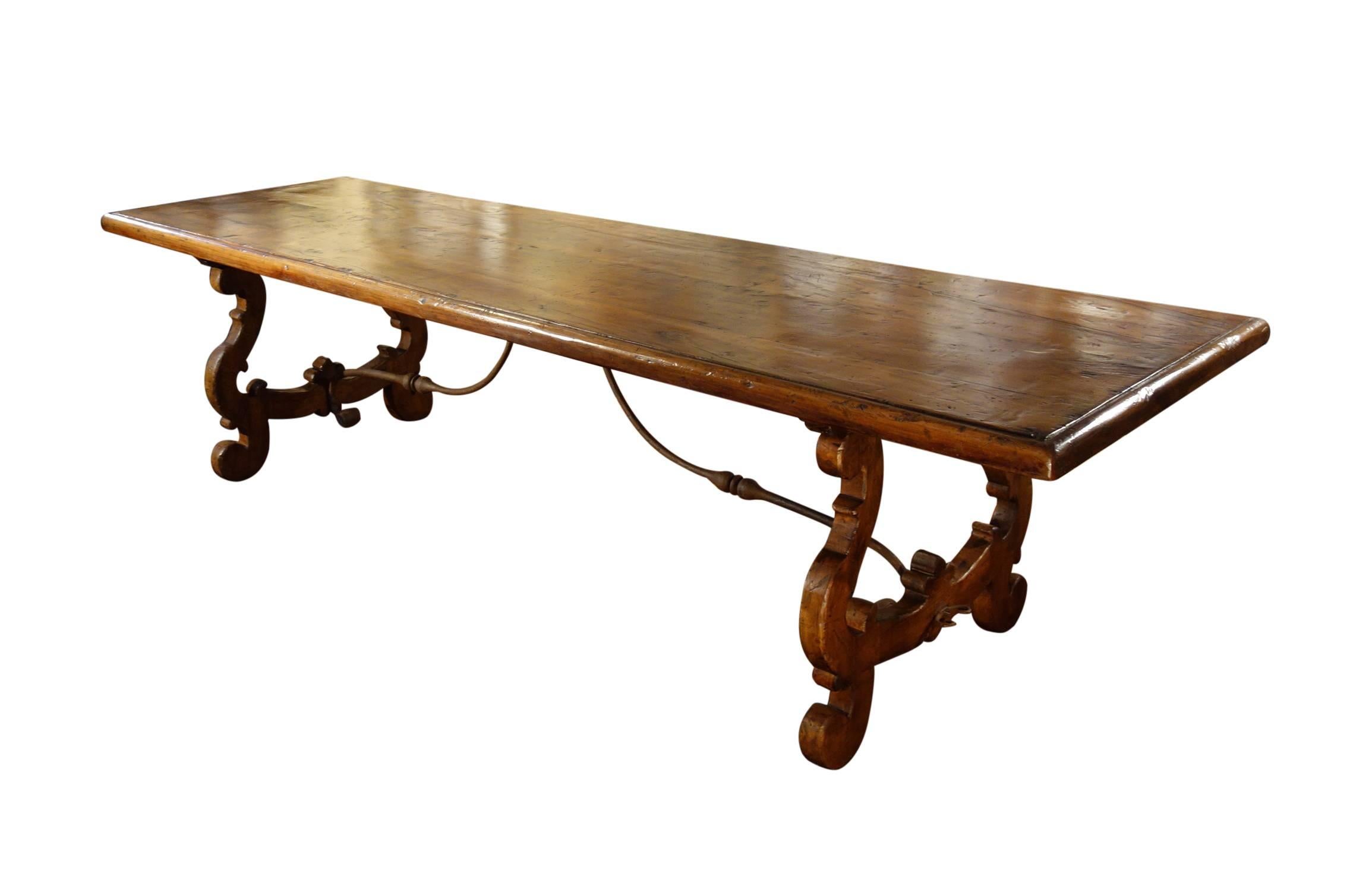 Renaissance Revival 17th Century Italian Refectory Style Old Walnut Table with Forged Iron 