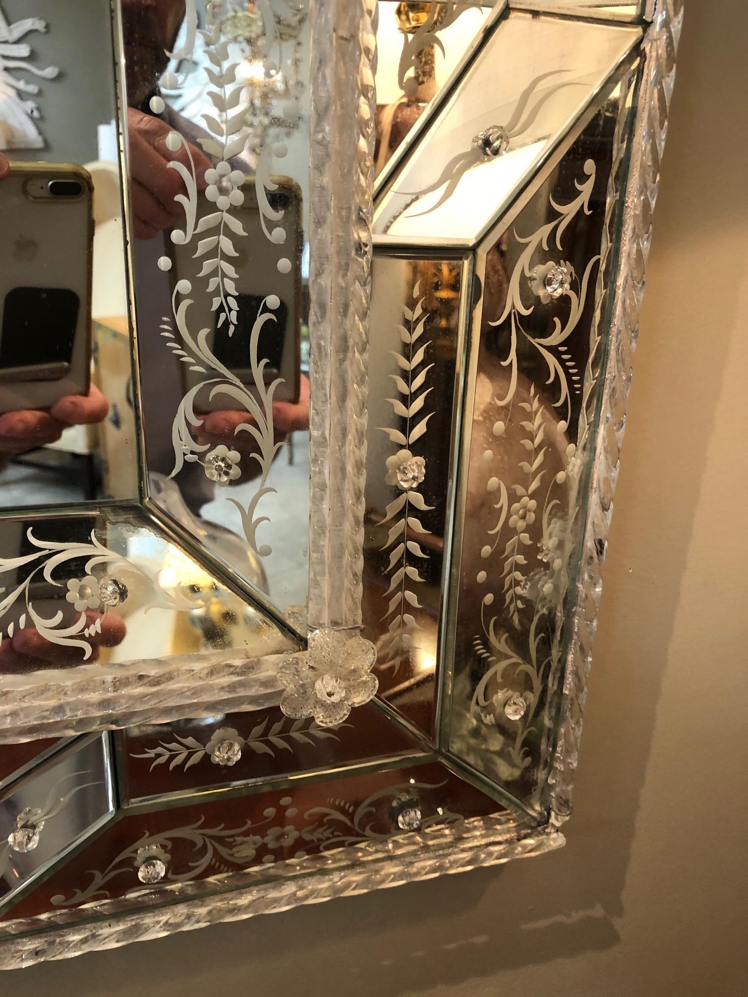 Antique Italian Reverse-Etched Rectangular Venetian Mirror In Good Condition In San Francisco, CA
