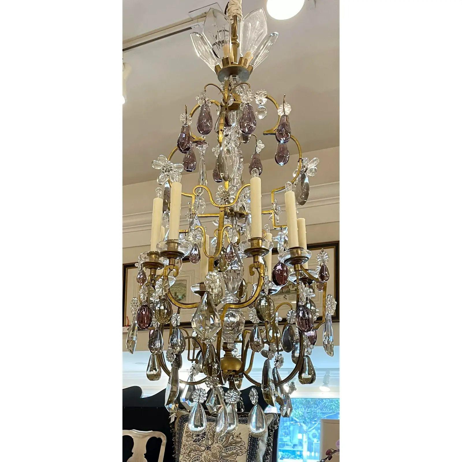 Antique Italian Rock Crystal Chandelier with Purple Fruit, 19th Century For Sale 1