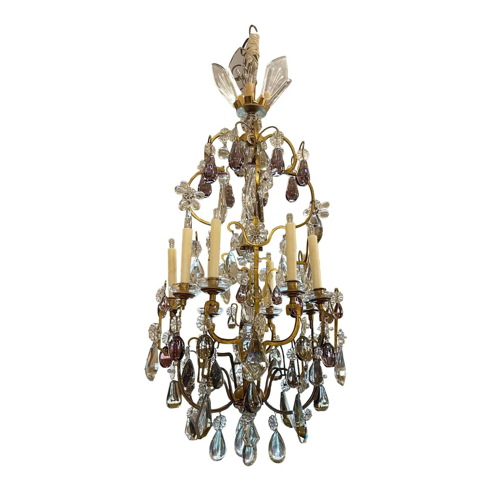 Antique Italian Rock Crystal Chandelier with Purple Fruit, 19th Century