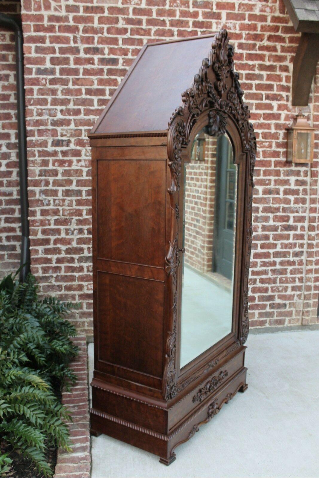 Antique Italian Rococo Armoire Wardrobe Linen Cabinet Bookcase Mirrored Walnut 2