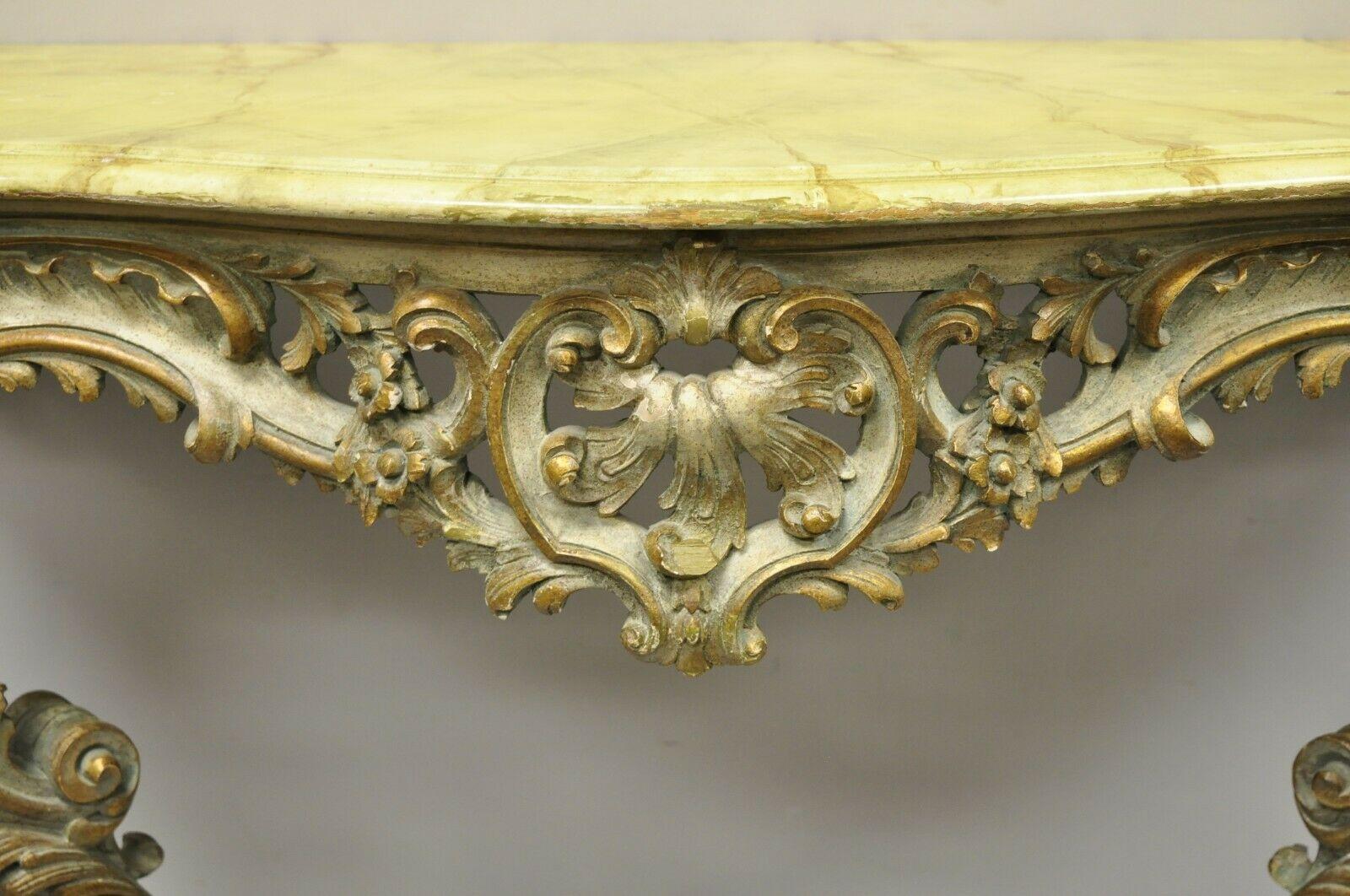 Louis XV Antique Italian Rococo Carved Giltwood Wall Mount Console Hall Table For Sale