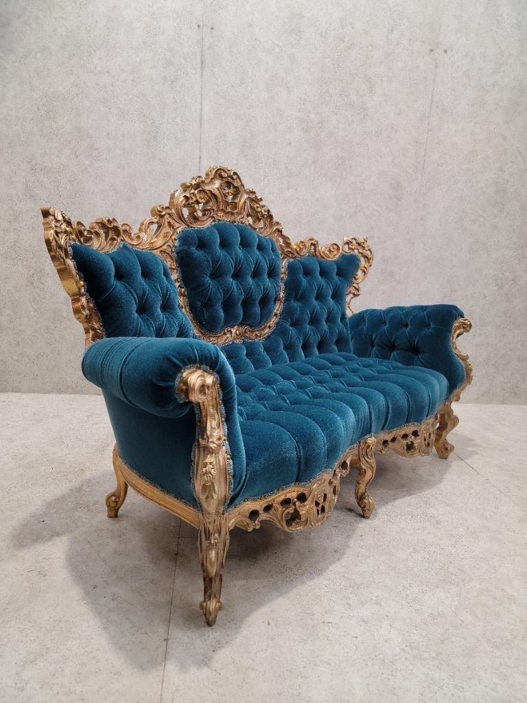 Antique Italian Rococo Carved Tufted Wedding Sofa Newly Upholstered in Mohair For Sale 1