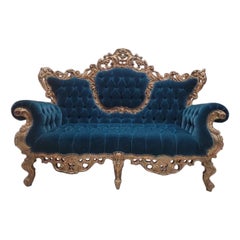 Antique Italian Rococo Carved Tufted Wedding Sofa Newly Upholstered in Mohair