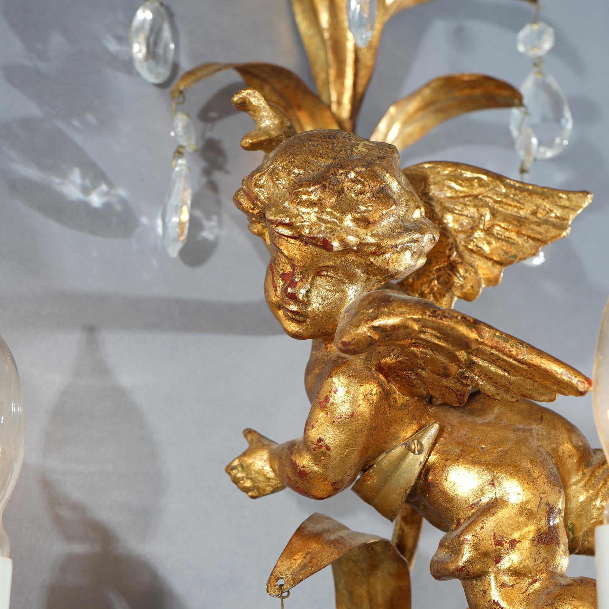 Antique Italian Rococo Figural Gold Gilt Metal Cherub Crystal Wall Sconce C1930 5
