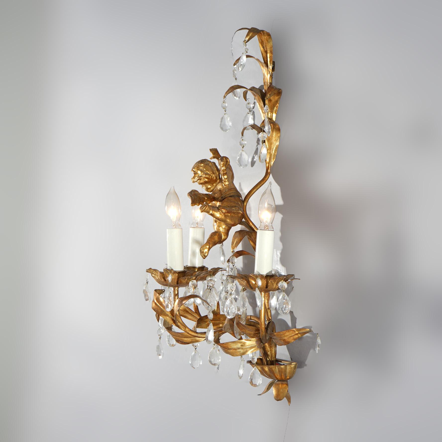 Antique Italian Rococo Figural Gold Gilt Metal Cherub Crystal Wall Sconce C1930 7