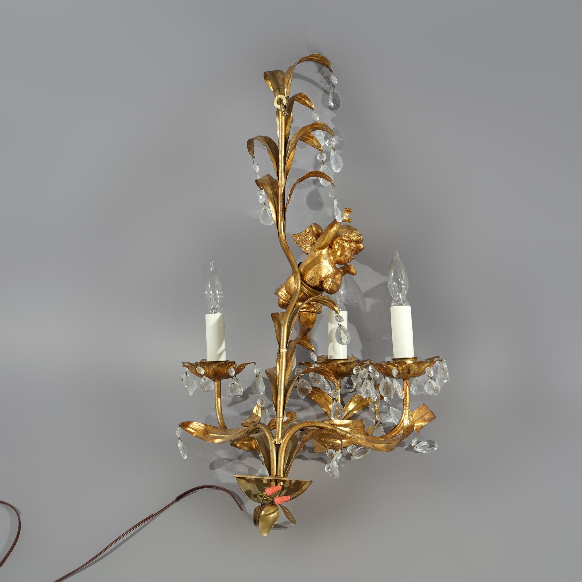 Antique Italian Rococo Figural Gold Gilt Metal Cherub Crystal Wall Sconce C1930 8