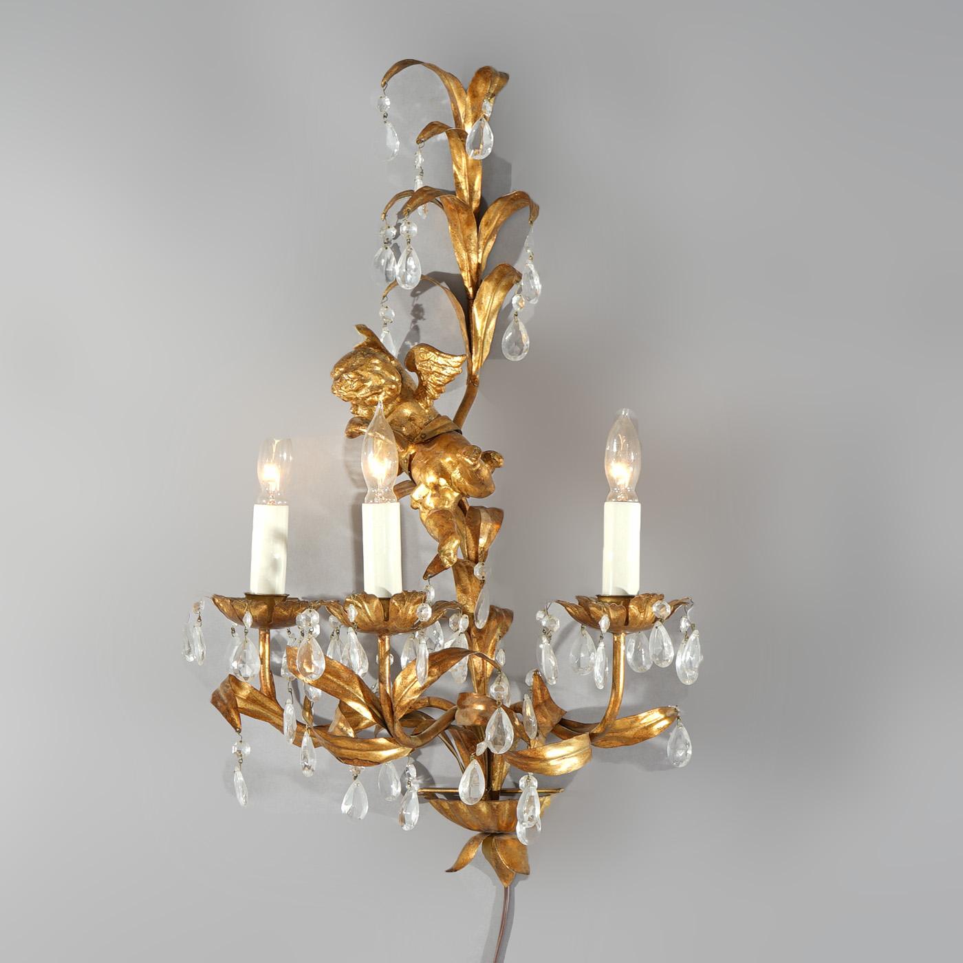 American Antique Italian Rococo Figural Gold Gilt Metal Cherub Crystal Wall Sconce C1930