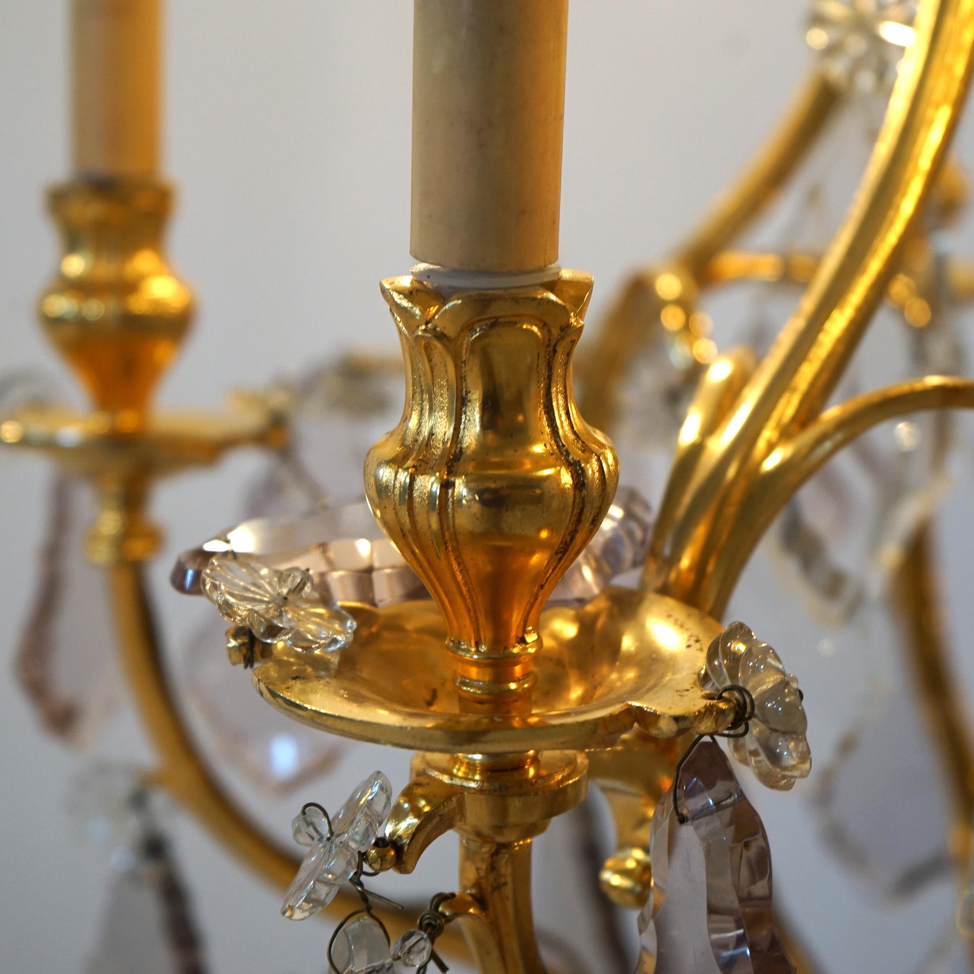 Cast Antique Italian Rococo Figural Gold Gilt Metal Cherub Crystal Wall Sconce C1930