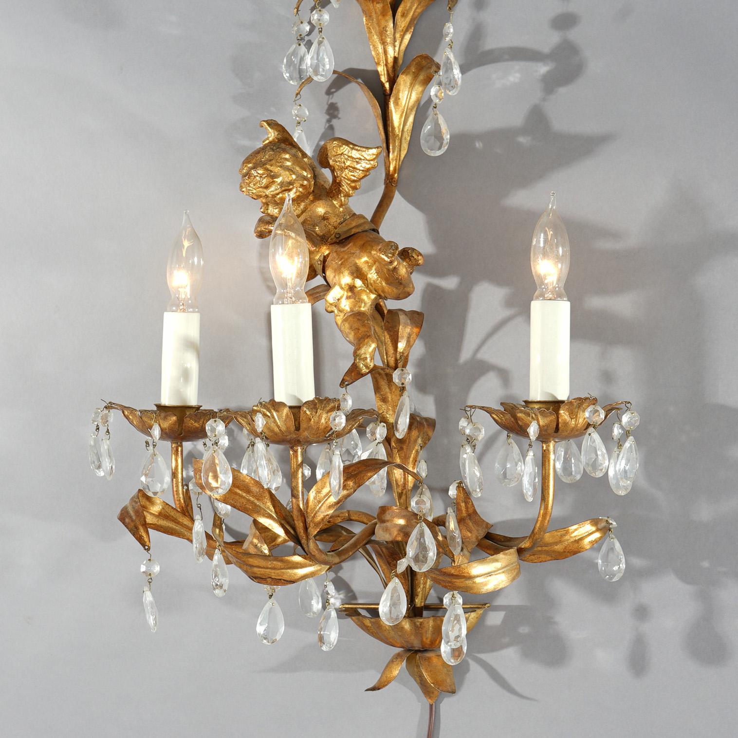Antique Italian Rococo Figural Gold Gilt Metal Cherub Crystal Wall Sconce C1930 In Good Condition In Big Flats, NY