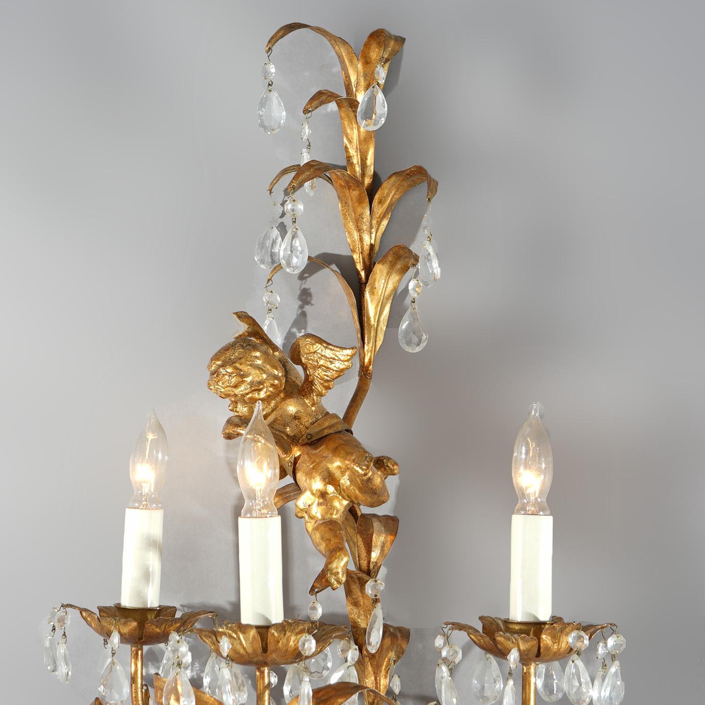 20th Century Antique Italian Rococo Figural Gold Gilt Metal Cherub Crystal Wall Sconce C1930
