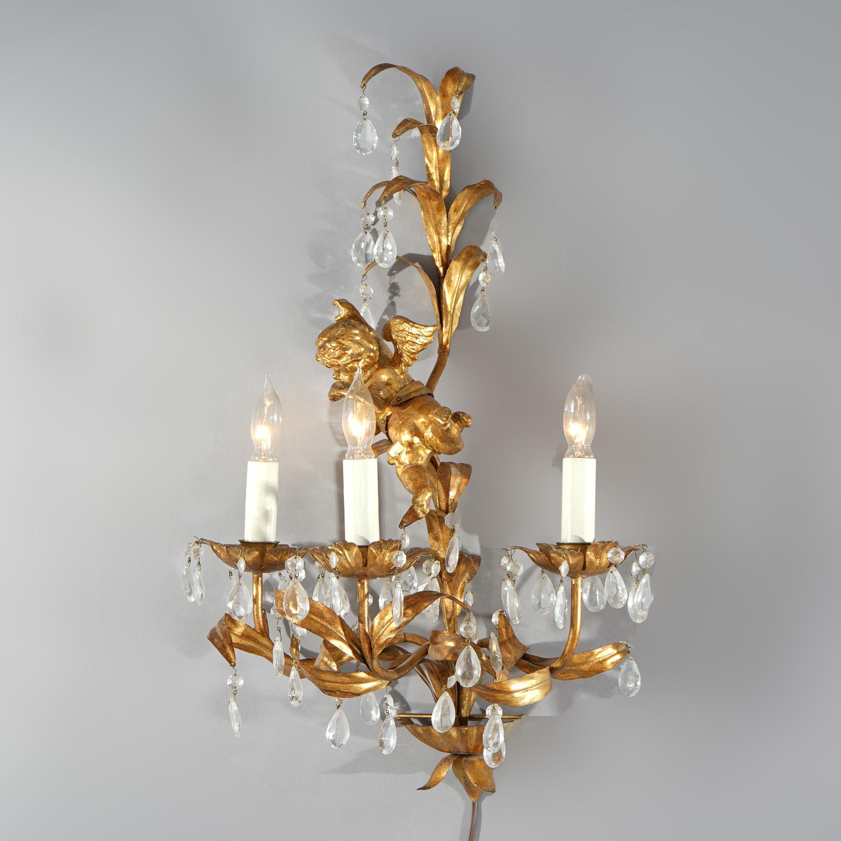 Antique Italian Rococo Figural Gold Gilt Metal Cherub Crystal Wall Sconce C1930 1